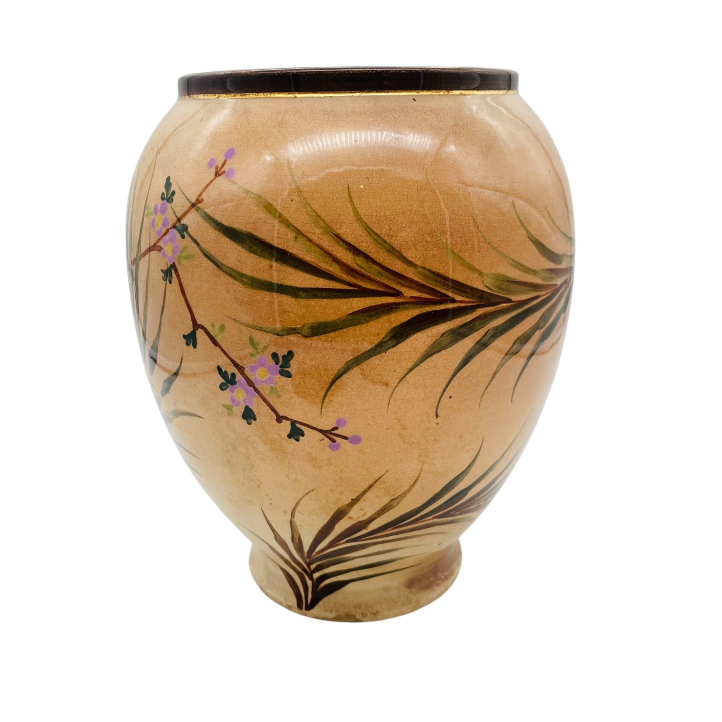 Vintage Keramikvase handbemalt Vogel Blüten unbekannt gemarkt für Trockenblumen