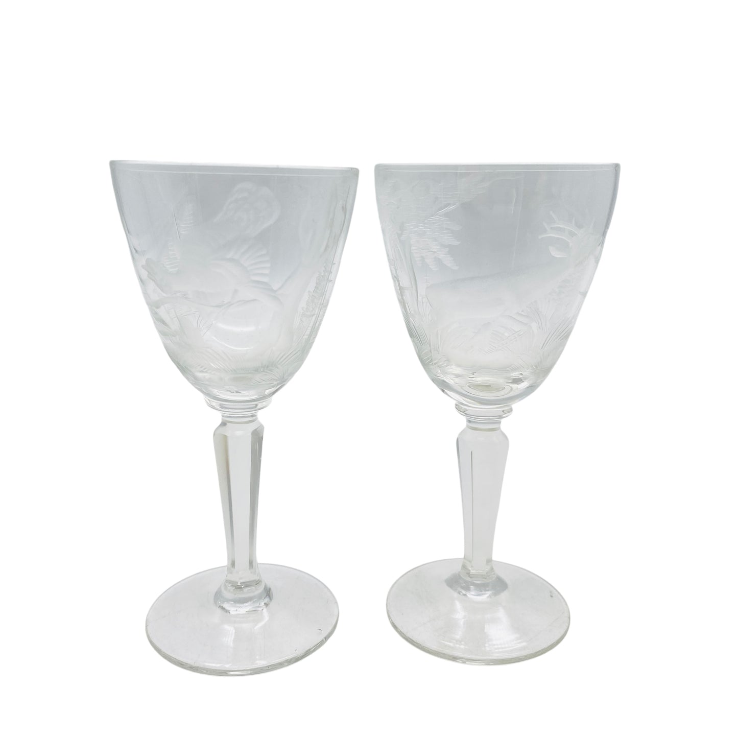 Vintage Likörgläser 2er Set beschliffen mit Tieren Hirsch Fasan 50er 60er Facetten