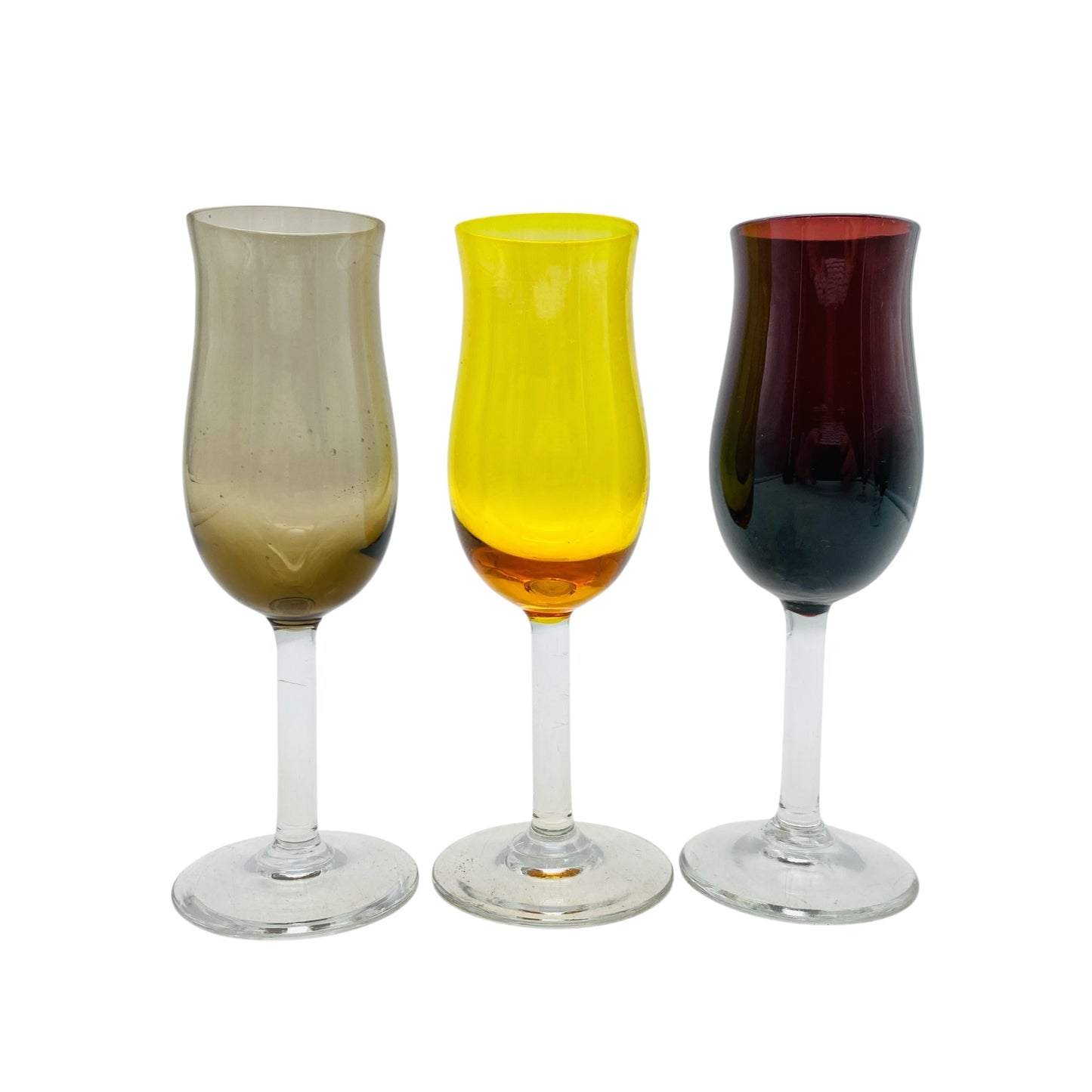 Vintage Likörgläser Rauchglas gelb lila 3er Set Schnapsgläser 60er 70er Jahre aus Glas