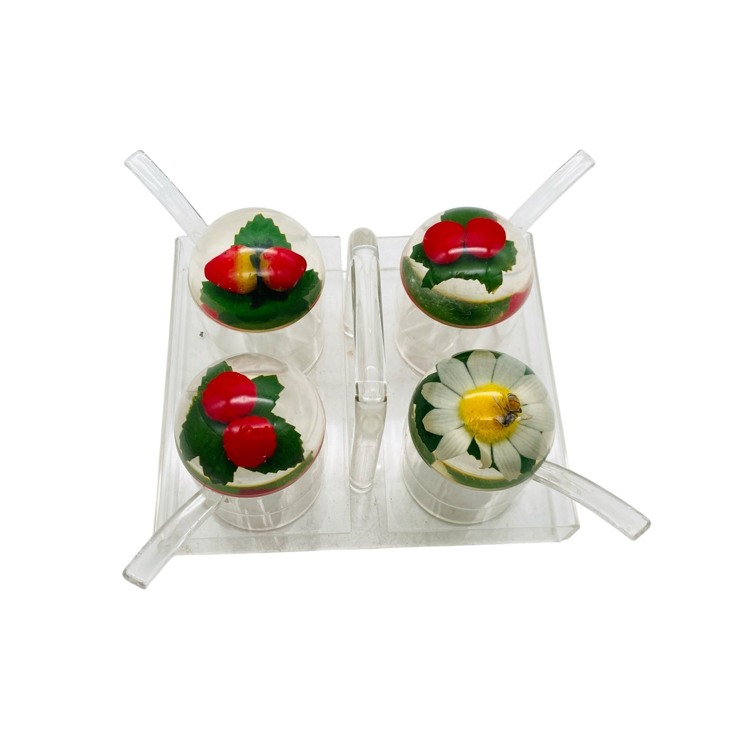 Vintage Menagere aus Acrylglas 70er Jahre für Honig & Marmelade mit Halter