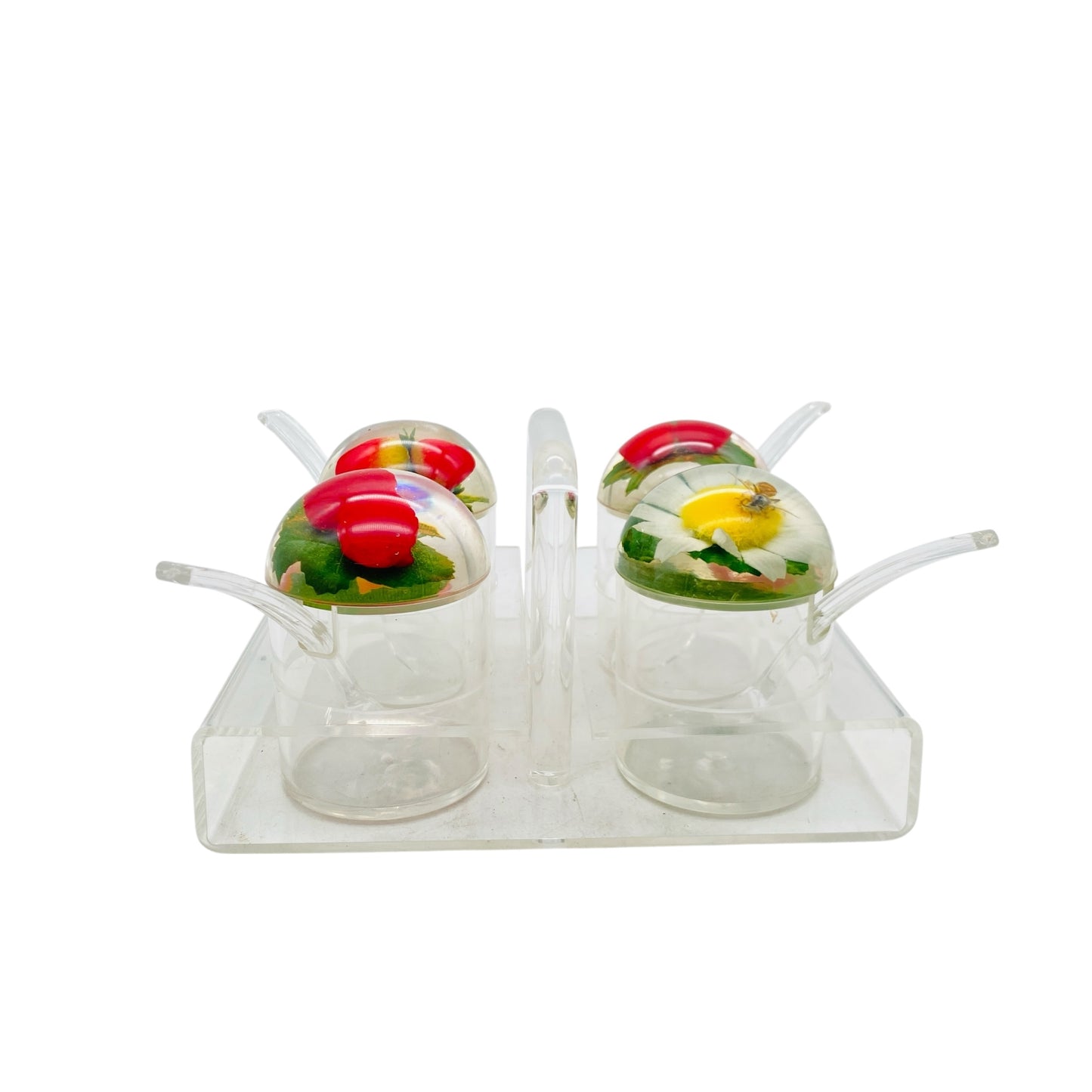 Vintage Menagere aus Acrylglas 70er Jahre für Honig & Marmelade mit Halter