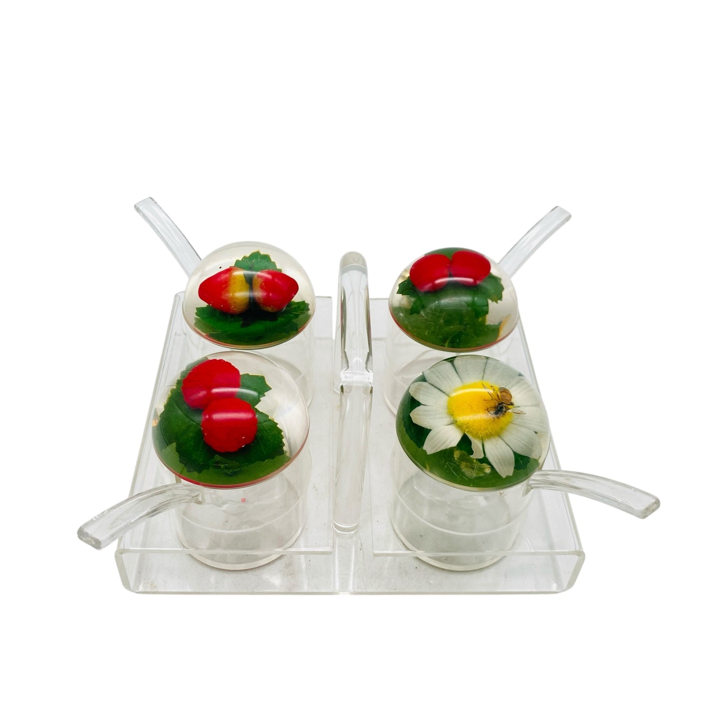 Vintage Menagere aus Acrylglas 70er Jahre für Honig & Marmelade mit Halter