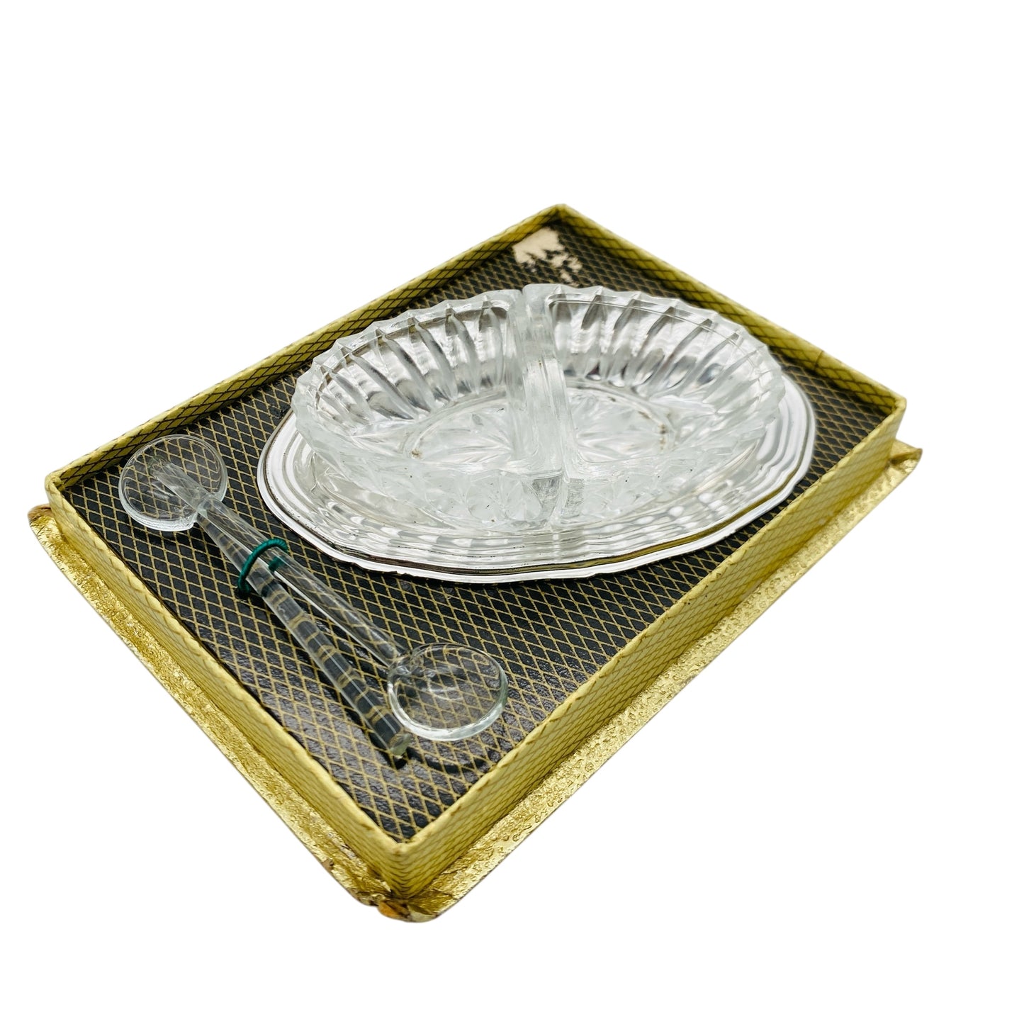 Vintage Menagere mini Tablett Glasschalen Glaslöffel für Süßstoff Salz Kandis 50er 60er