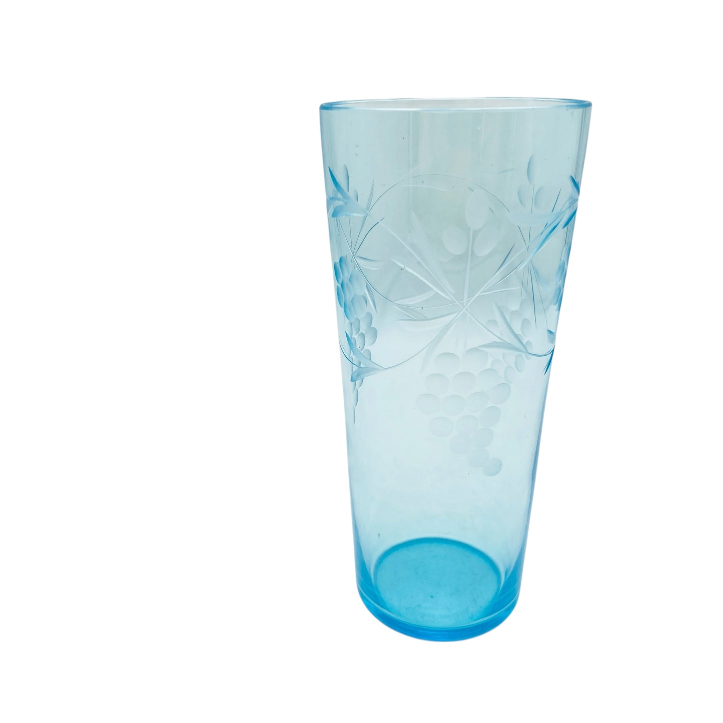 Vintage Vase hellblau blau beschliffen Weinreben Weintrauben Bechervase 70er Jahre Glas
