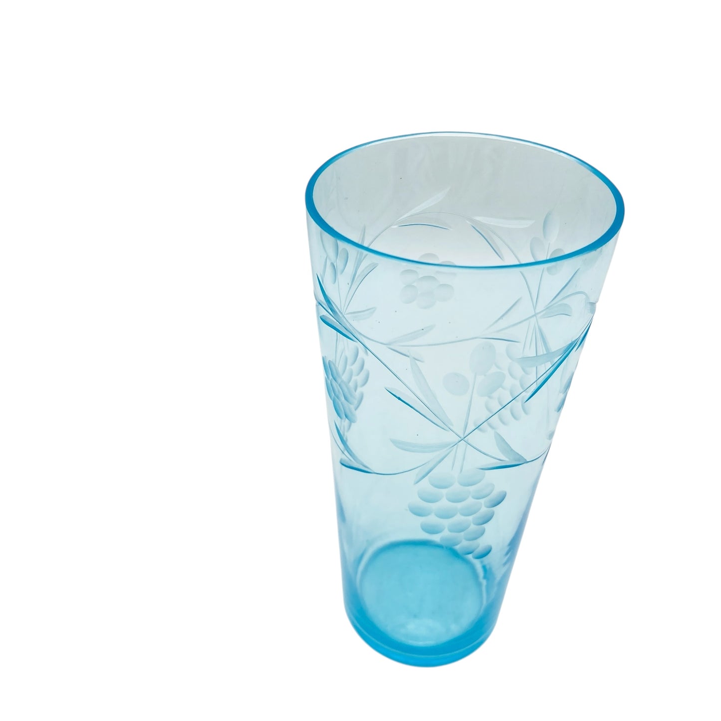 Vintage Vase hellblau blau beschliffen Weinreben Weintrauben Bechervase 70er Jahre Glas