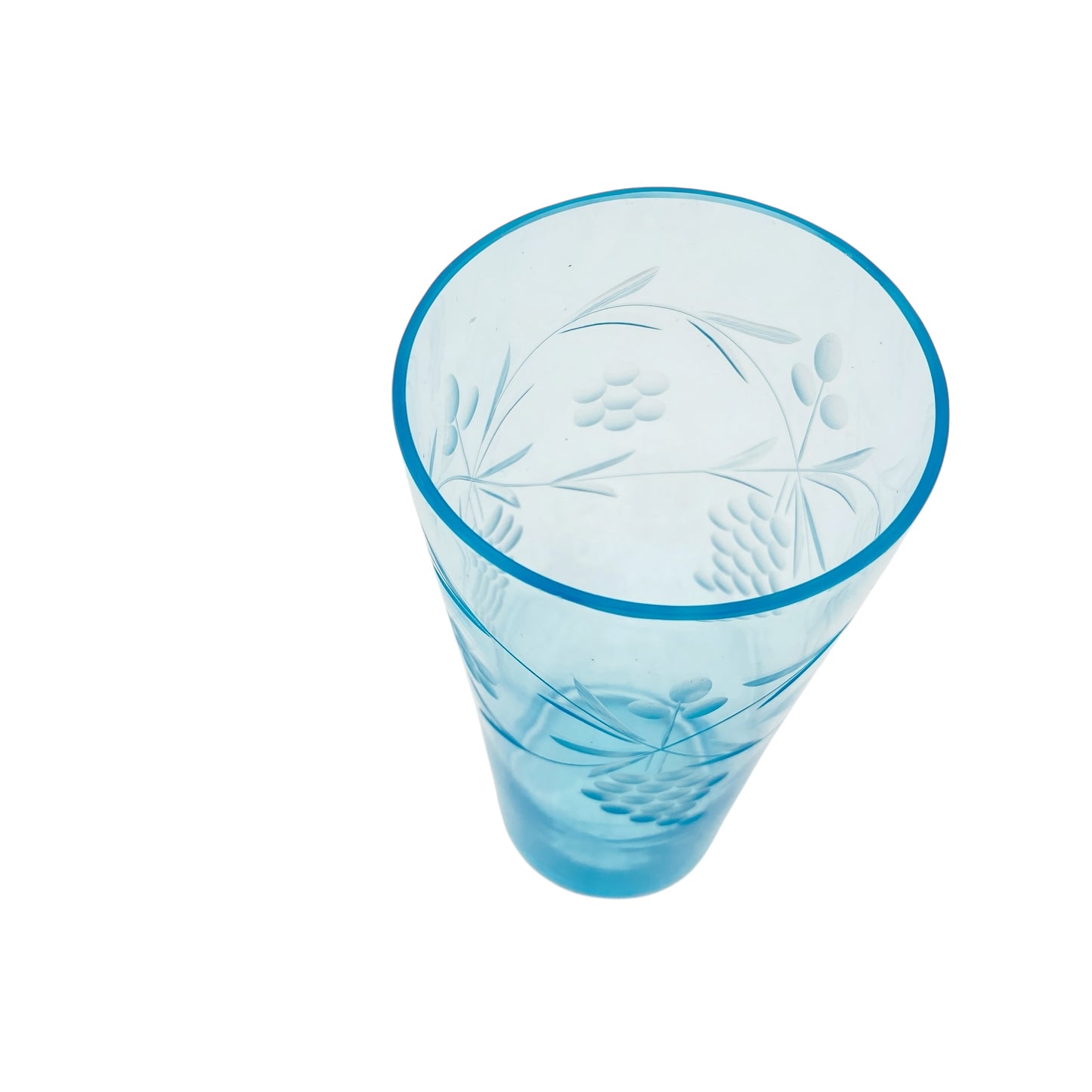 Vintage Vase hellblau blau beschliffen Weinreben Weintrauben Bechervase 70er Jahre Glas