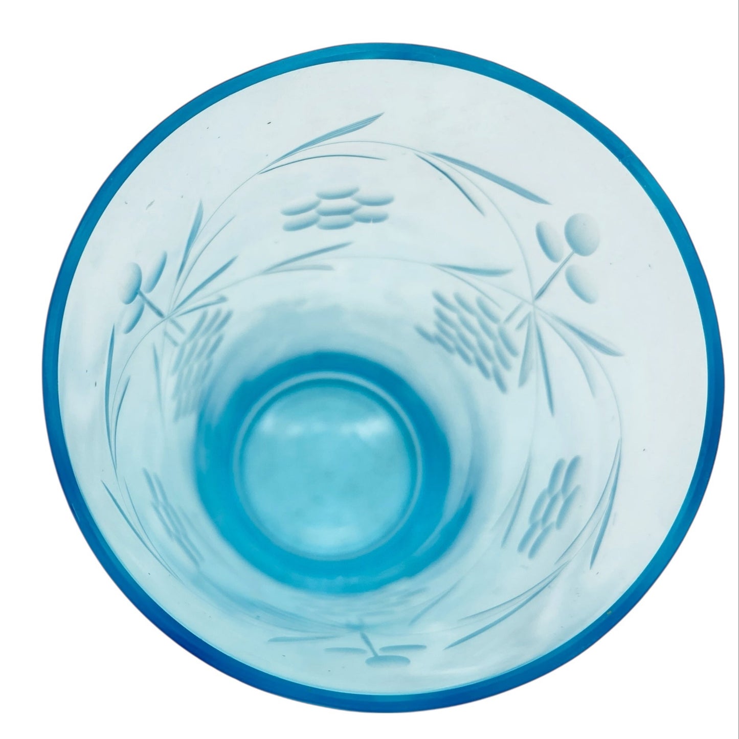 Vintage Vase hellblau blau beschliffen Weinreben Weintrauben Bechervase 70er Jahre Glas