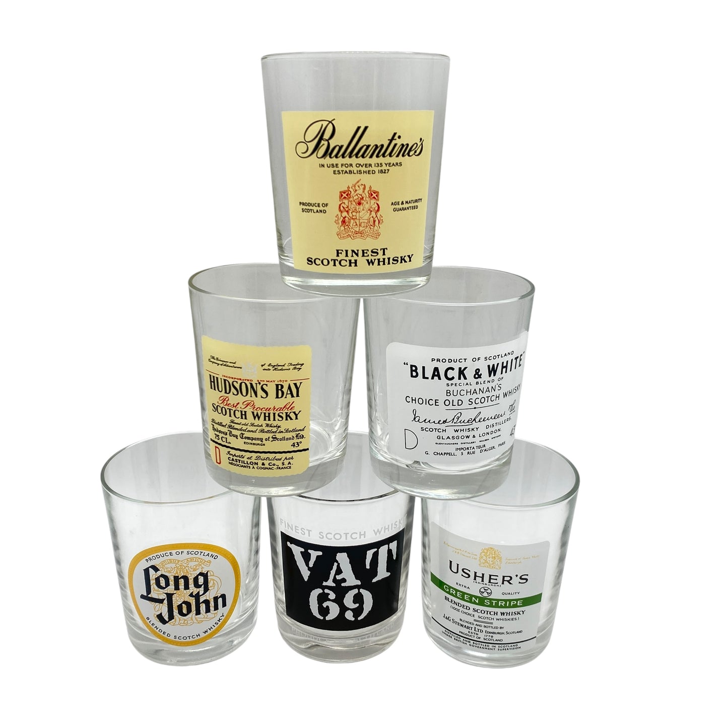 Vintage Whiskygläser 6er Set Long John Hudsons Bay Trinkgläser 60er 70er Frankreich