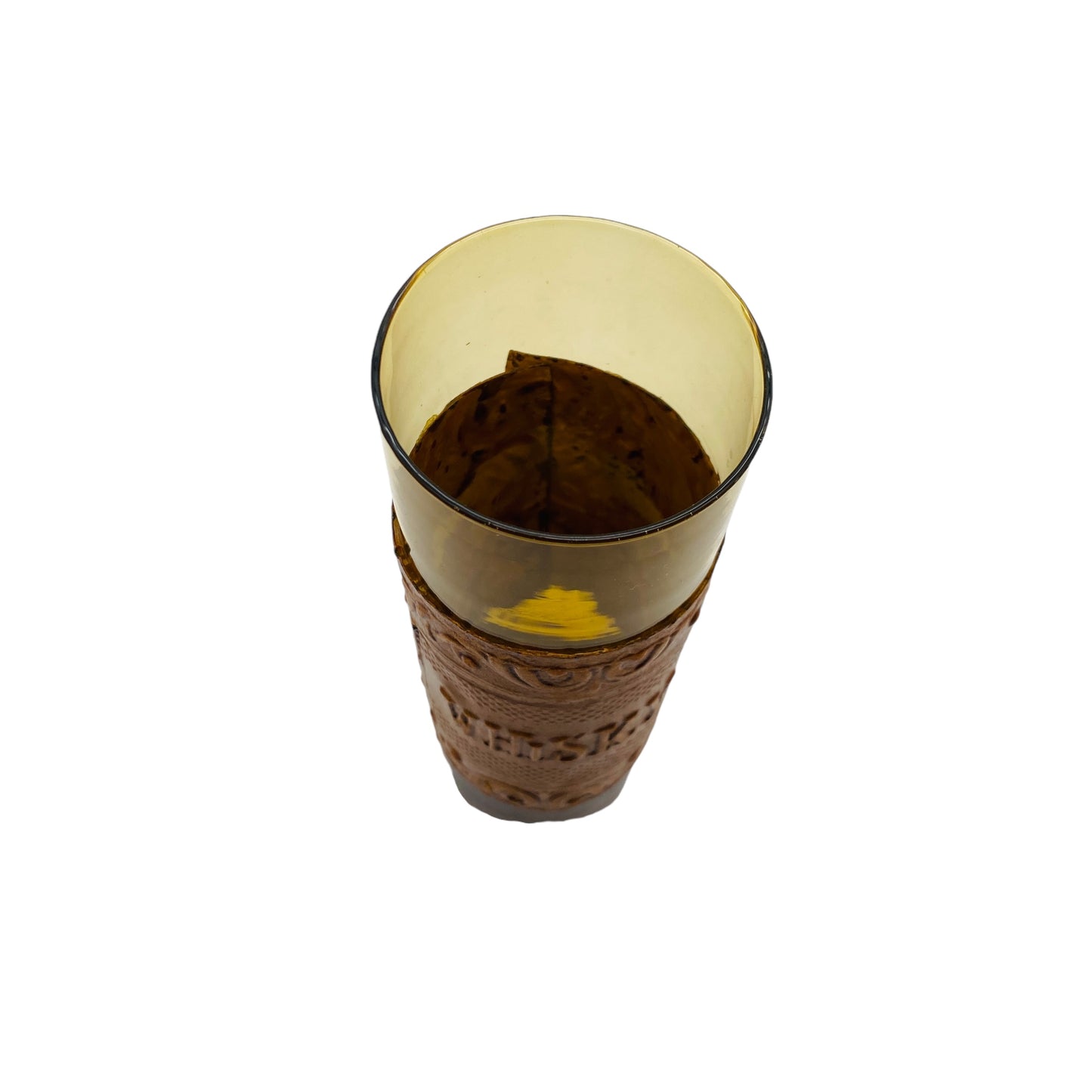 Vintage Whiskyglas Bernstein mit Ledermantel Leder gelb braun 60er 70er Jahre