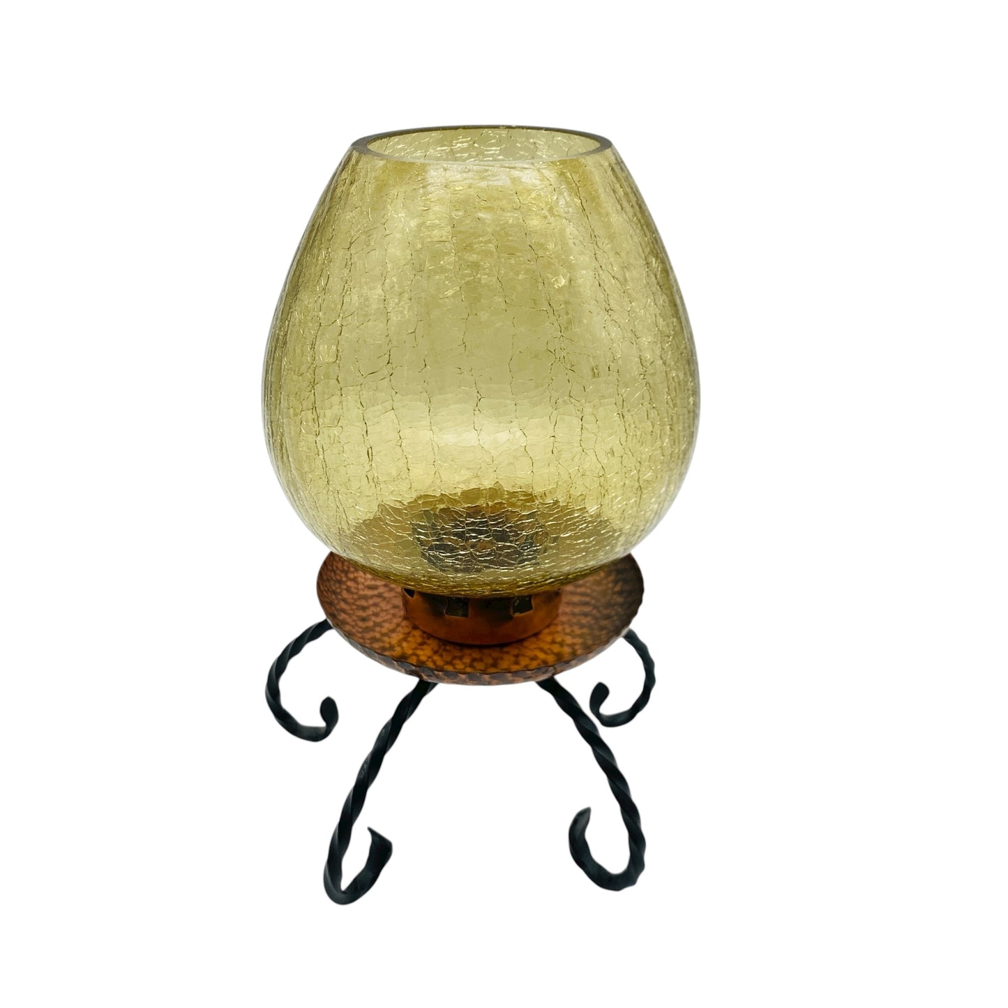 Vintage Windlicht Kerzenständer mit Craquellé Glas Schirm gelb Kupfer Eisen 60er 70er Jahre