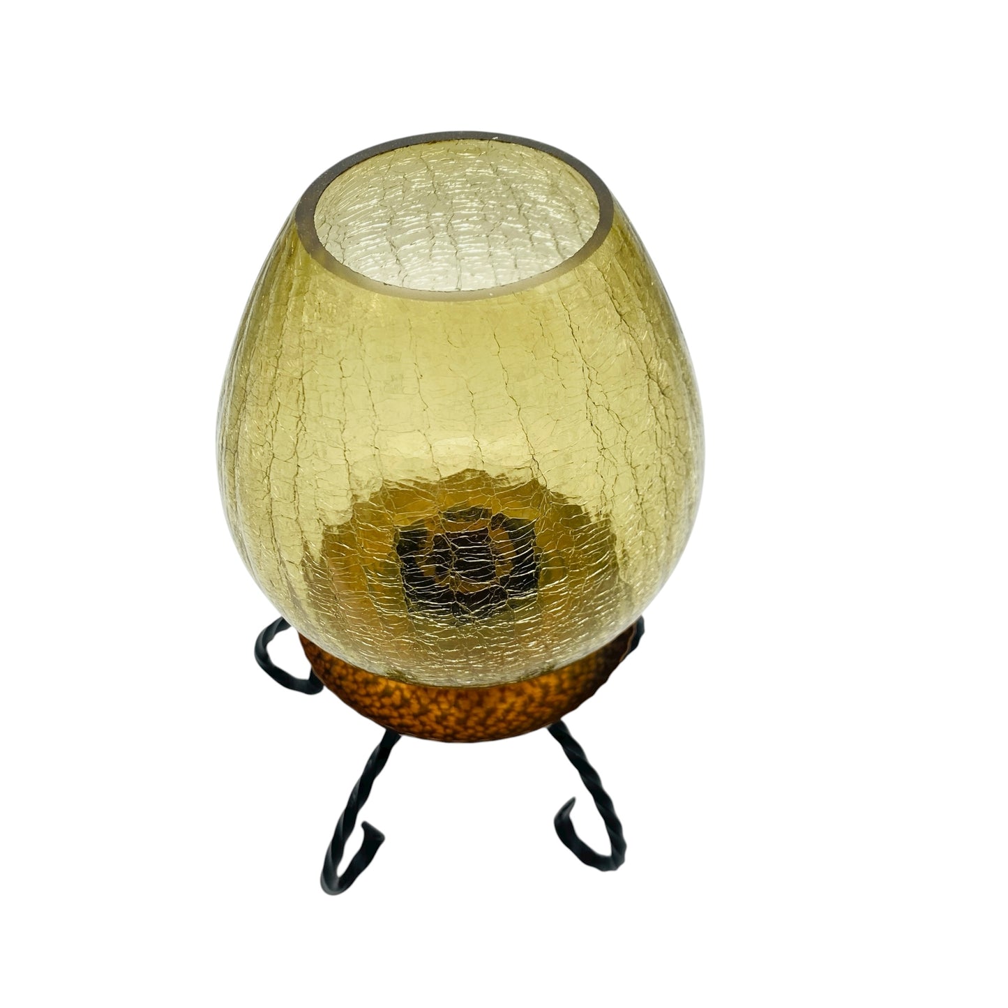 Vintage Windlicht Kerzenständer mit Craquellé Glas Schirm gelb Kupfer Eisen 60er 70er Jahre