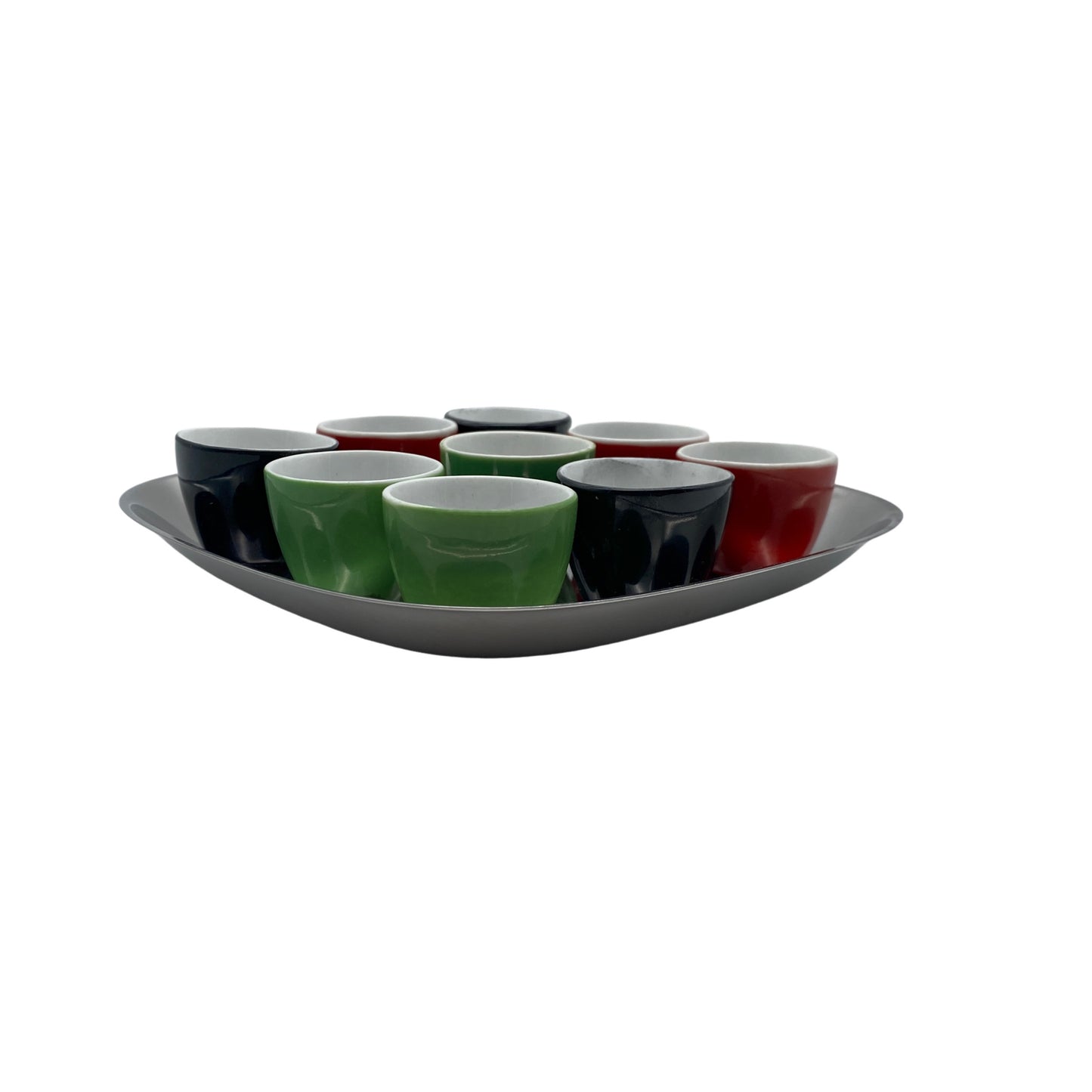 WMF Tablett Schale Edelstahl mit Porzellan Schnapsbechern bunt Vintage