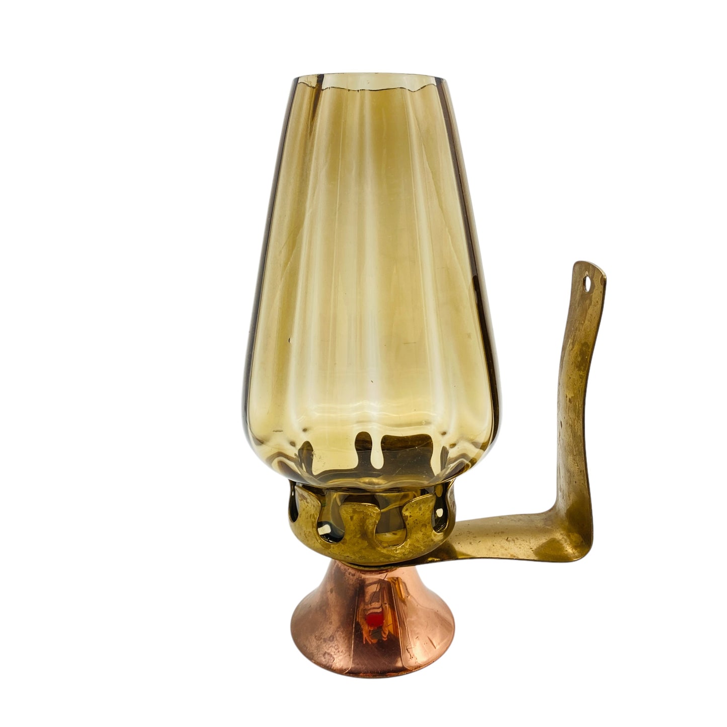Windlicht Bernstein Glas gelb Kupfer Messing 60er 70er Jahre Dekoration Kerzenständer