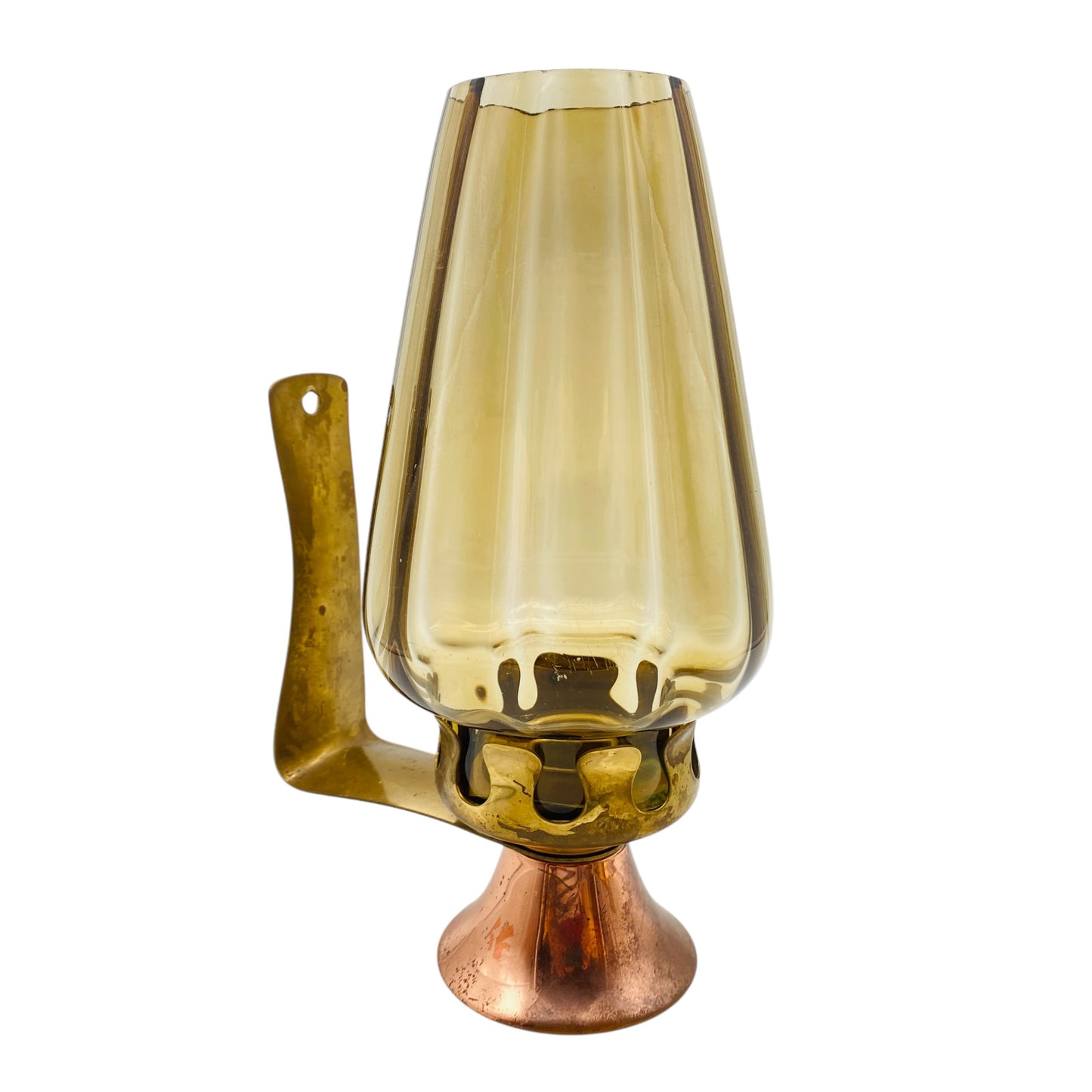 Windlicht Bernstein Glas gelb Kupfer Messing 60er 70er Jahre Dekoration Kerzenständer