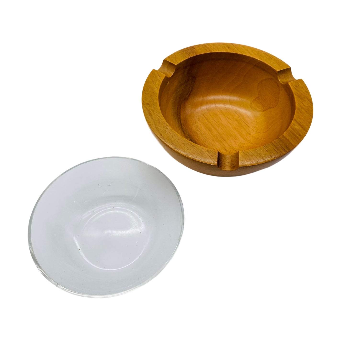Aschenbecher 60er 70er Holz mit Einsatz aus Glas Schale