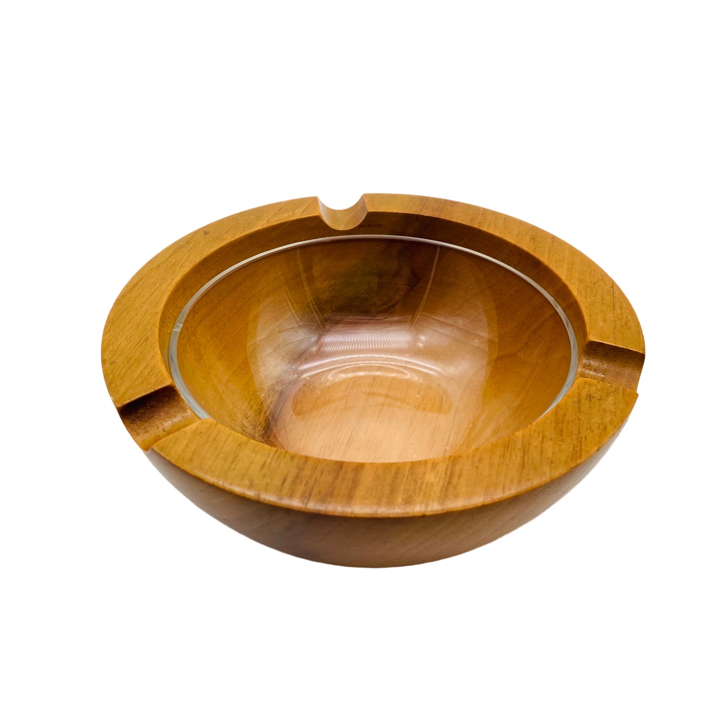 Aschenbecher 60er 70er Holz mit Einsatz aus Glas Schale