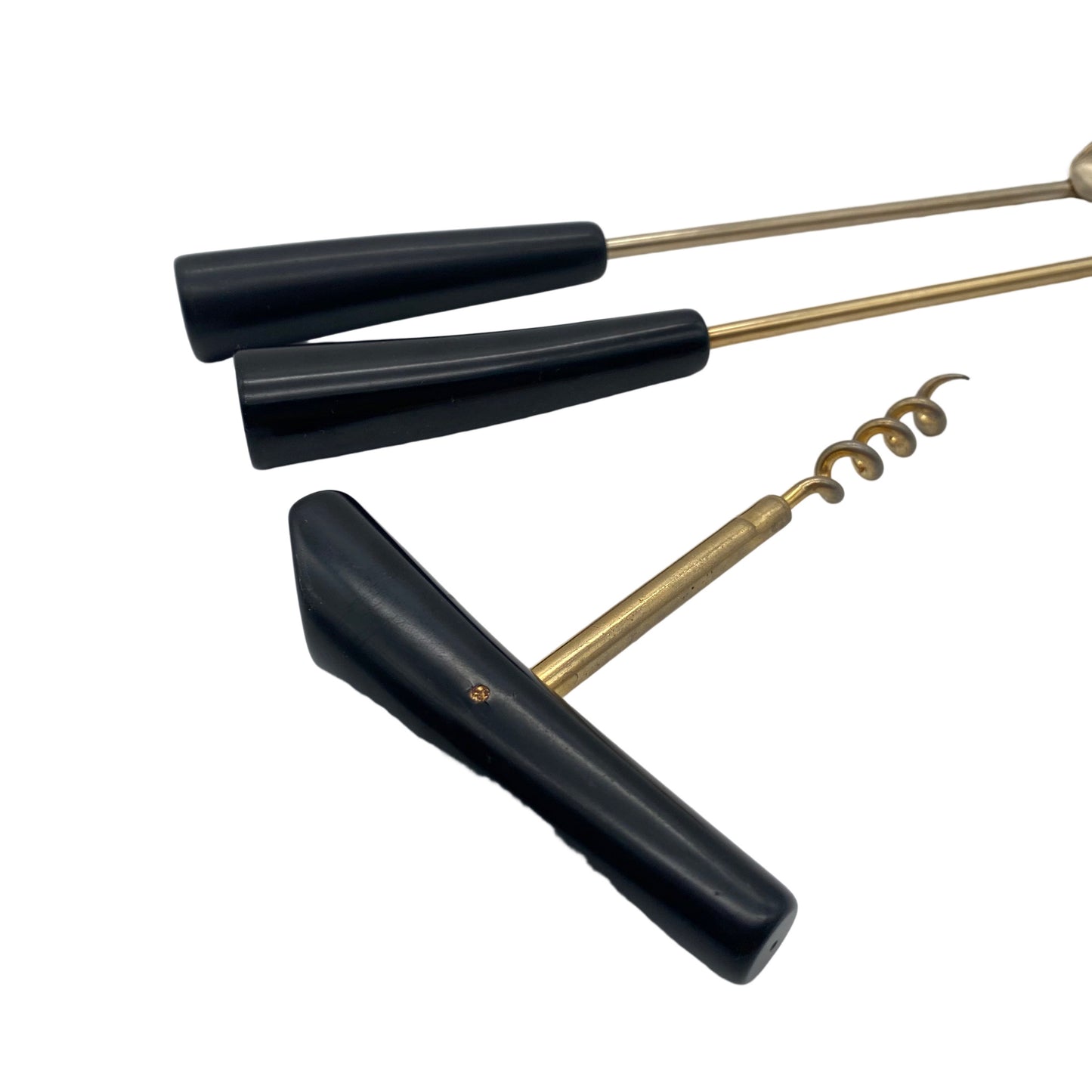Barset Bakelit schwarz gold Korkenzieher Barlöffel Bargabel 60er Jahre