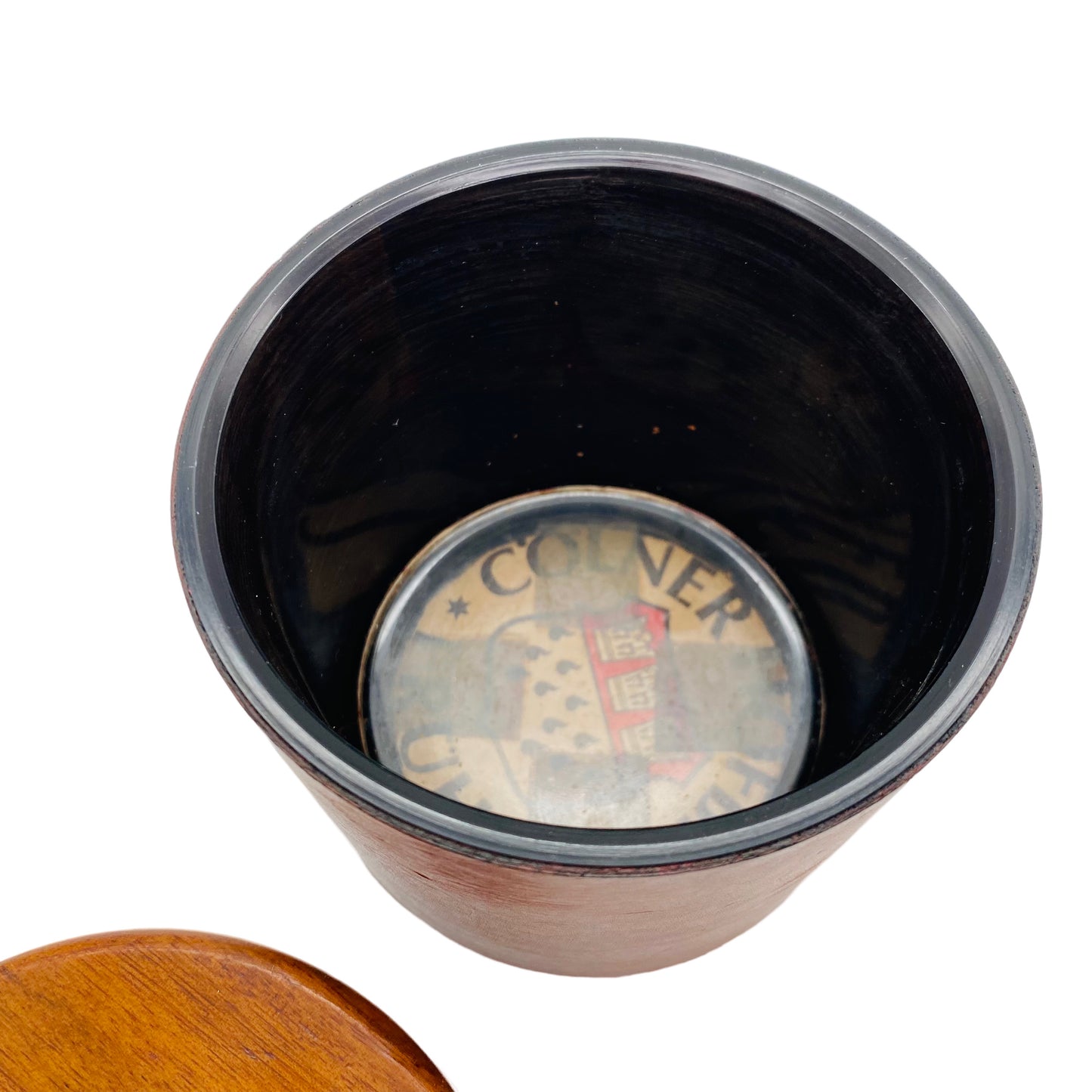 Dose aus Glas mit Ledermantel Holz Deckel Italien 60er 70er