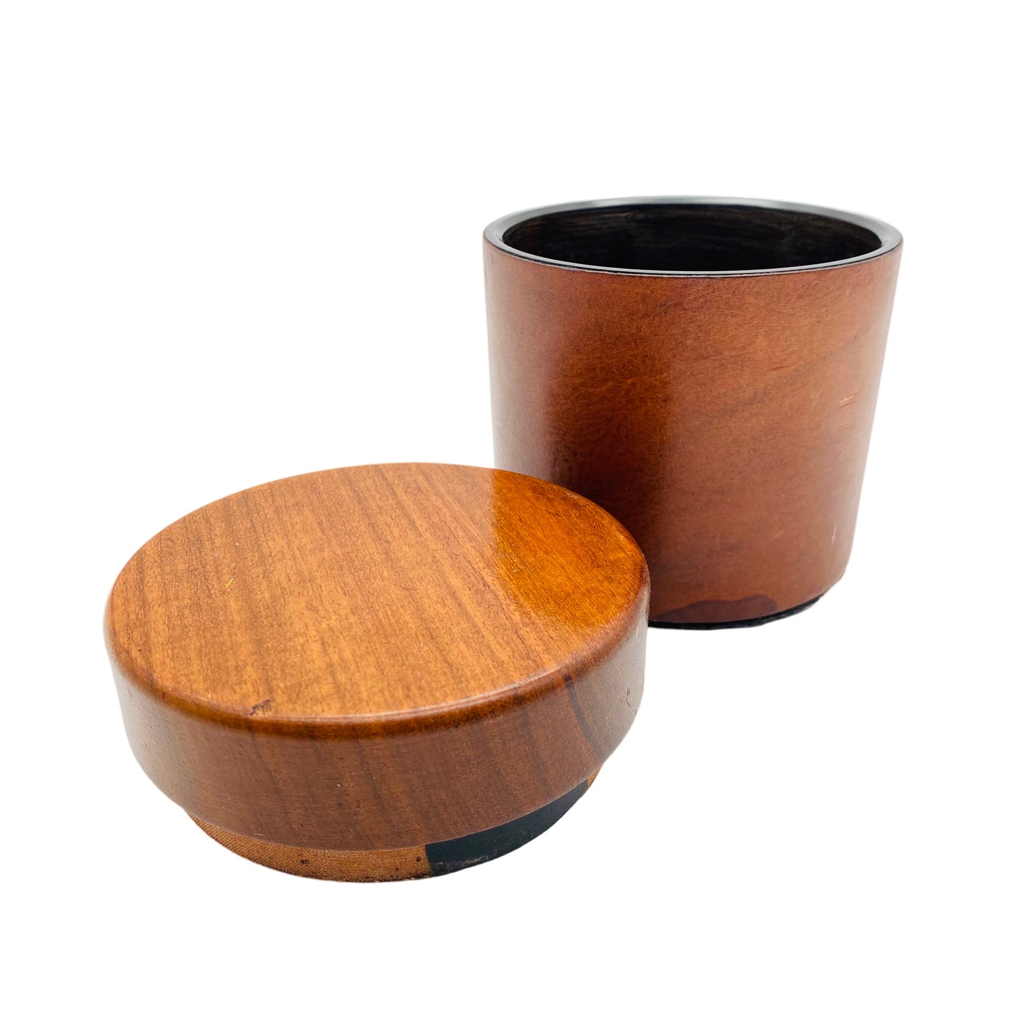 Dose aus Glas mit Ledermantel Holz Deckel Italien 60er 70er