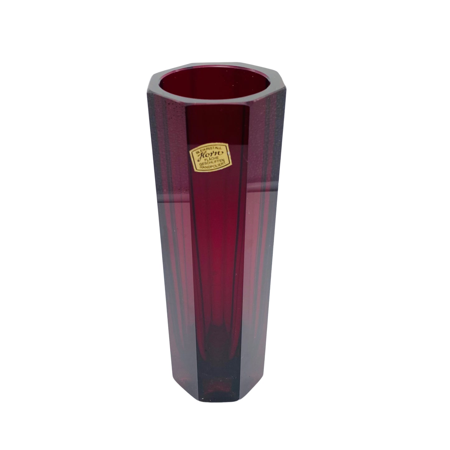 HORN Bleikristall Vase Flächen geschliffen 50er 60er Jahre rot Glas