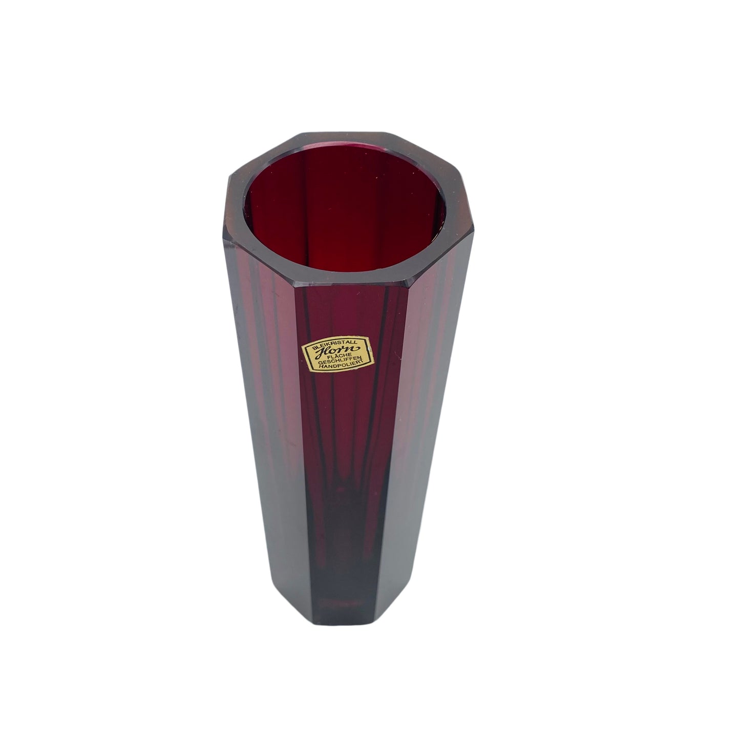 HORN Bleikristall Vase Flächen geschliffen 50er 60er Jahre rot Glas