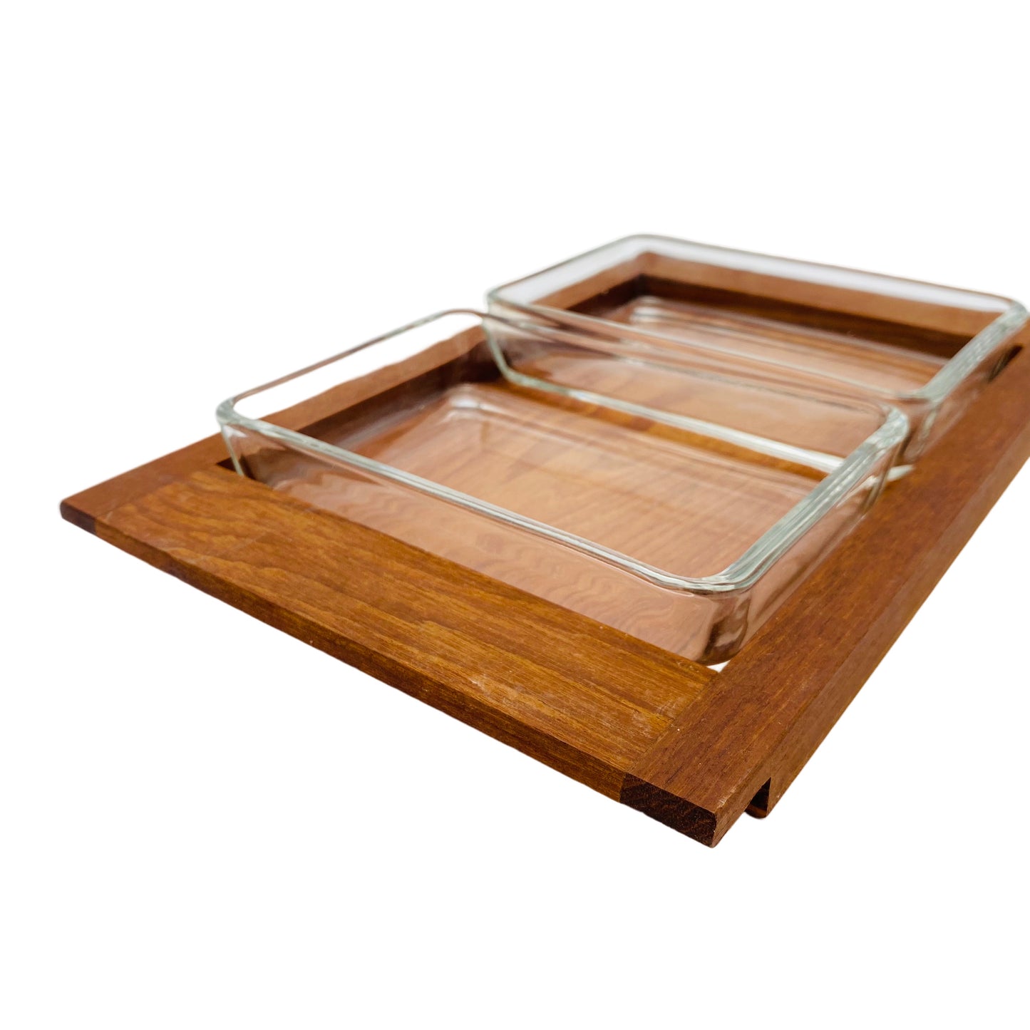 Holz Tablett mit Glas Schalen 60er 70er Jahre Servierschalen