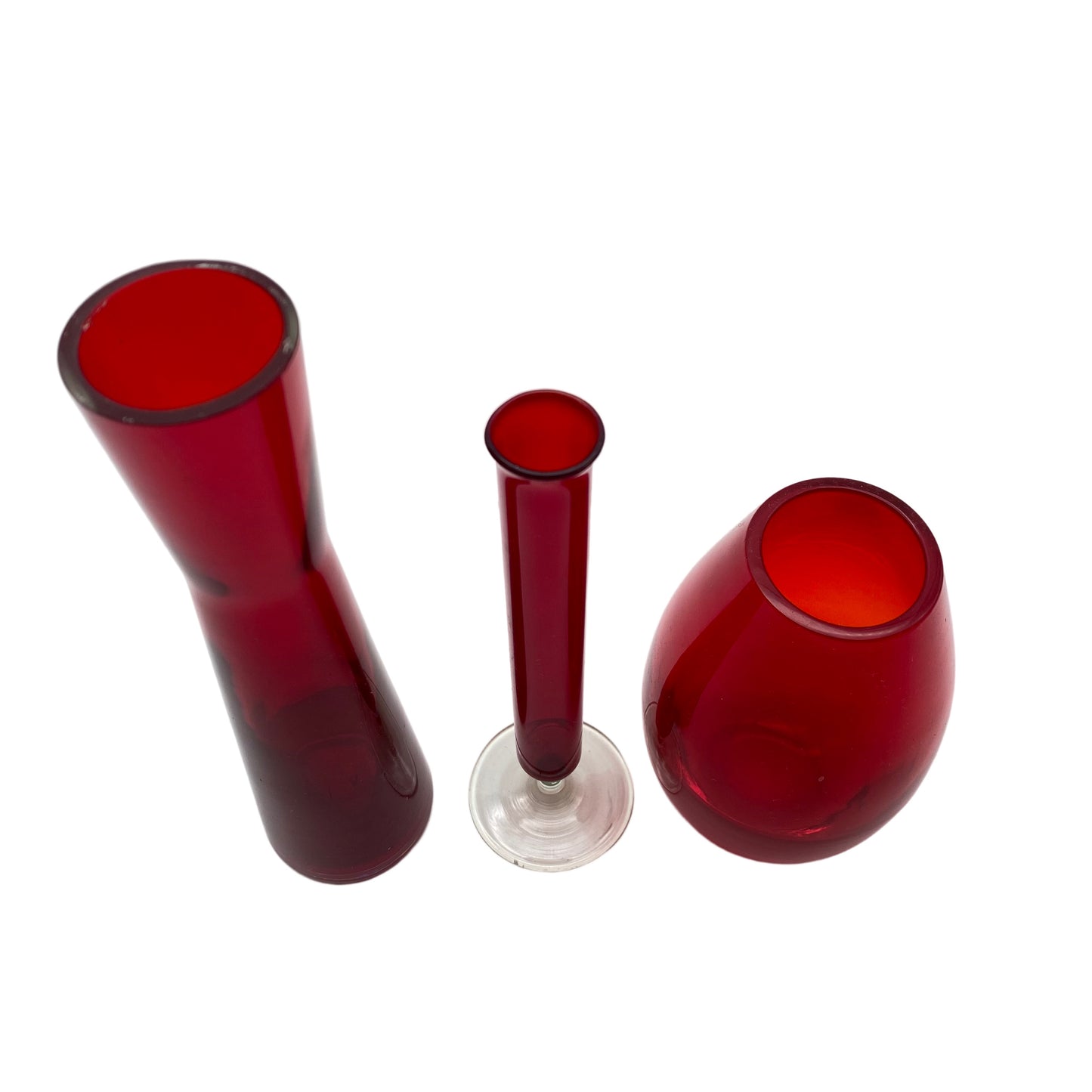 Vasen Set rot 1960er Glas 12,5 / 17 / 20 cm