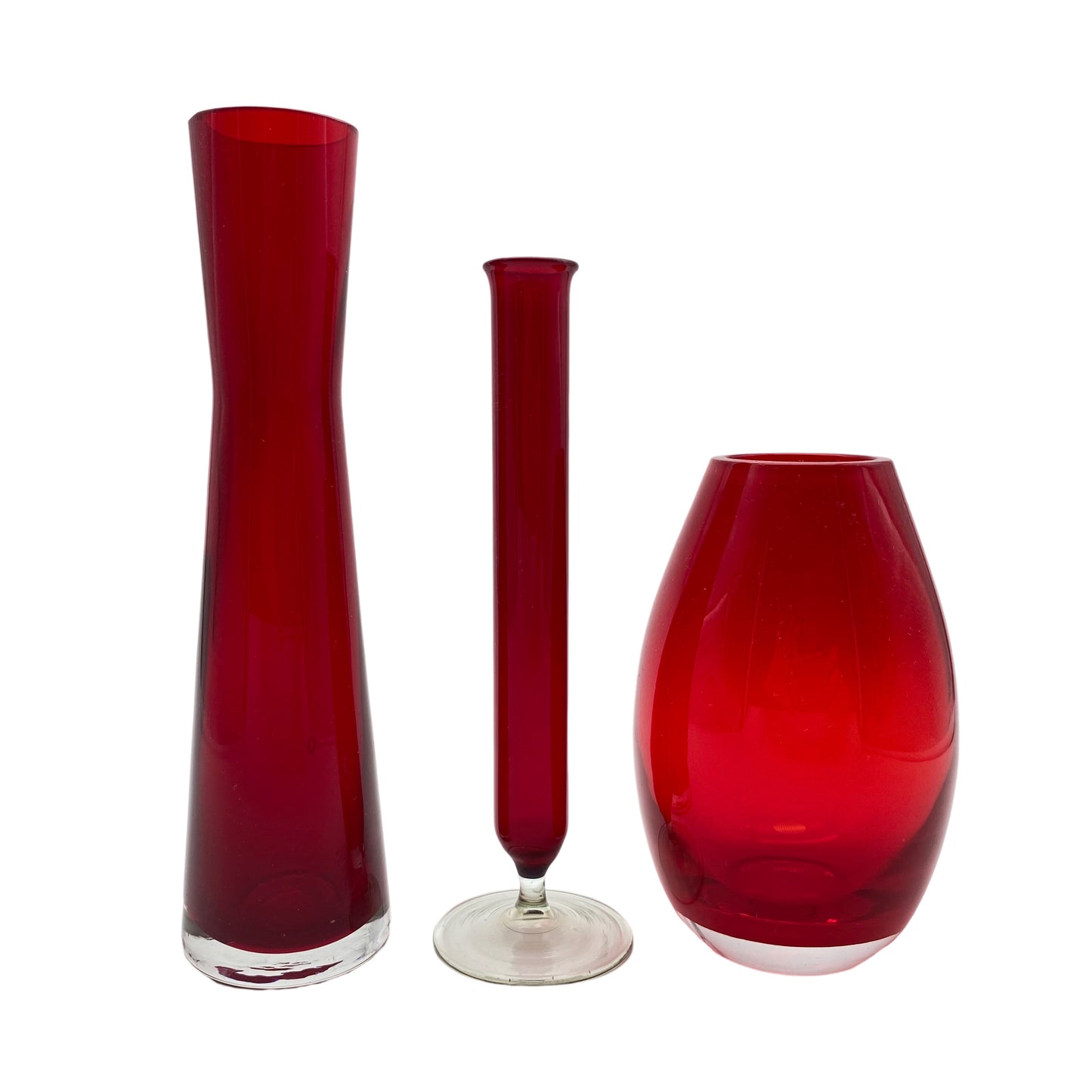 Vasen Set rot 1960er Glas 12,5 / 17 / 20 cm