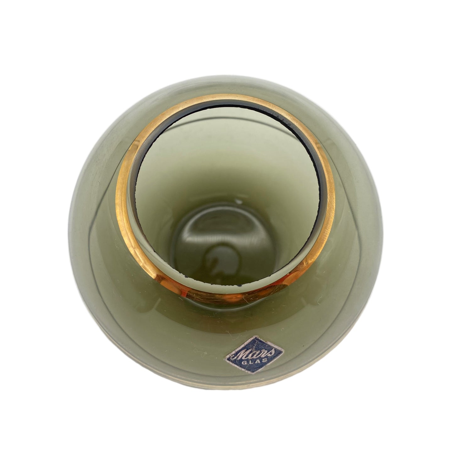 MARS Glas Vase Rauchglas Goldrand Dekor Gold 1960er Kugelvase 9 cm