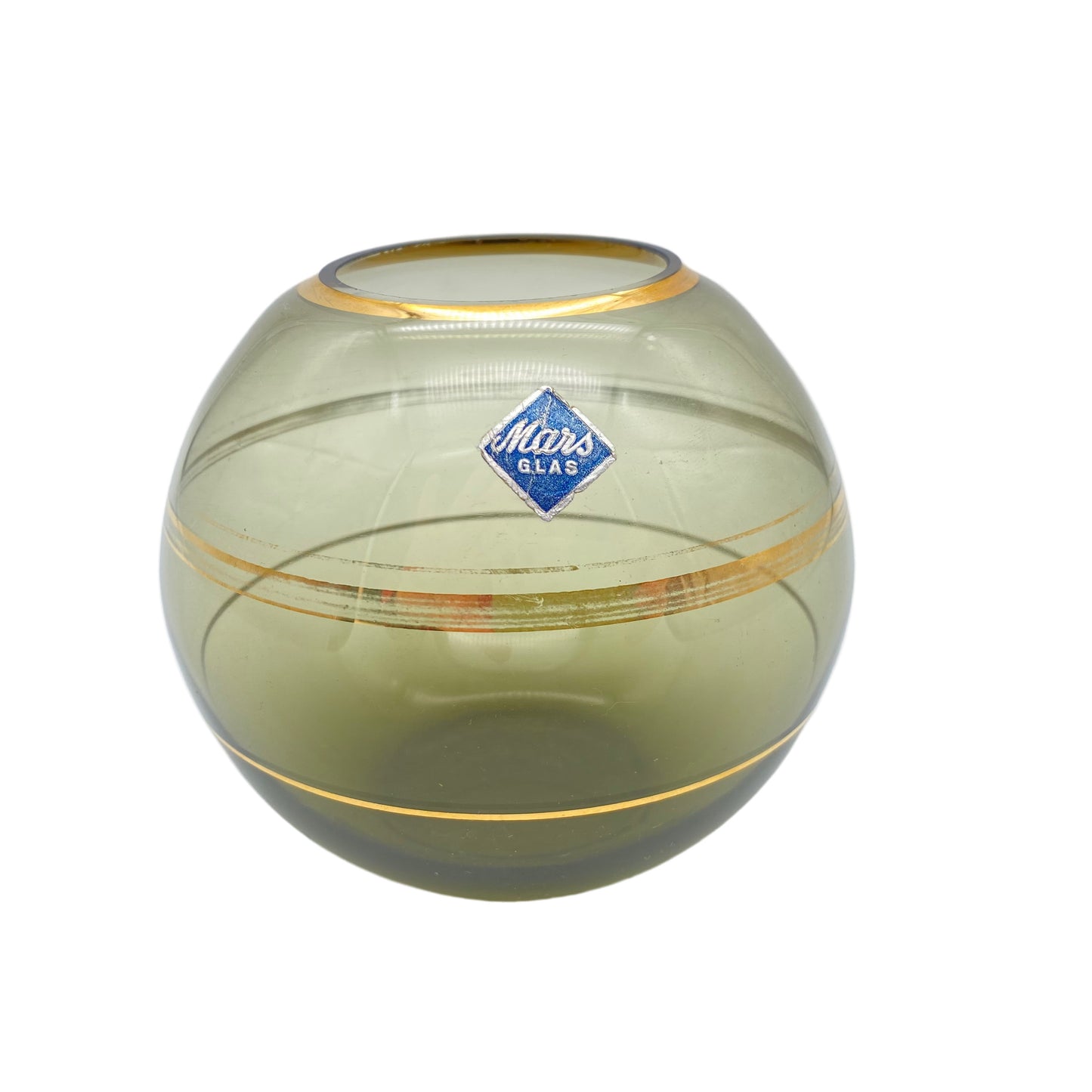 MARS Glas Vase Rauchglas Goldrand Dekor Gold 1960er Kugelvase 9 cm