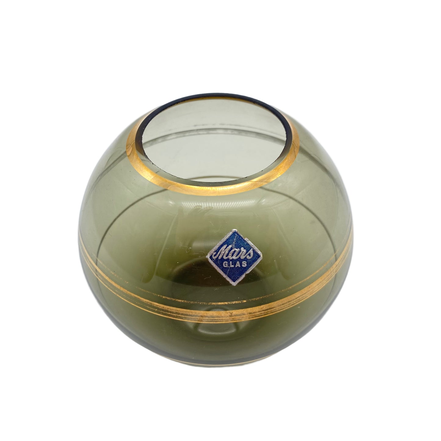 MARS Glas Vase Rauchglas Goldrand Dekor Gold 1960er Kugelvase 9 cm