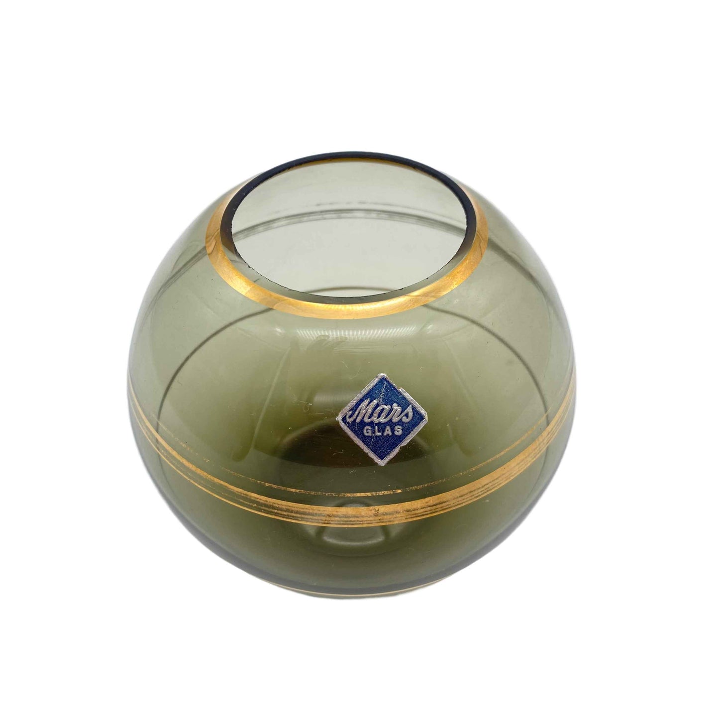 MARS Glas Vase Rauchglas Goldrand Dekor Gold 1960er Kugelvase 9 cm