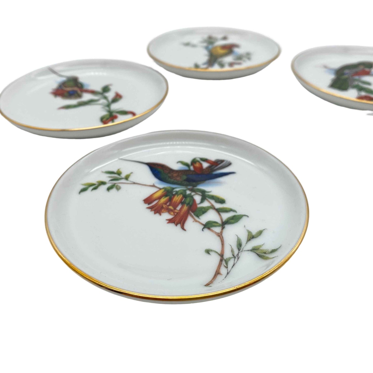 FÜRSTENBERG Untersetzer Teller 5er Set Porzellan Vögel 9,9 cm Goldrand 1960er