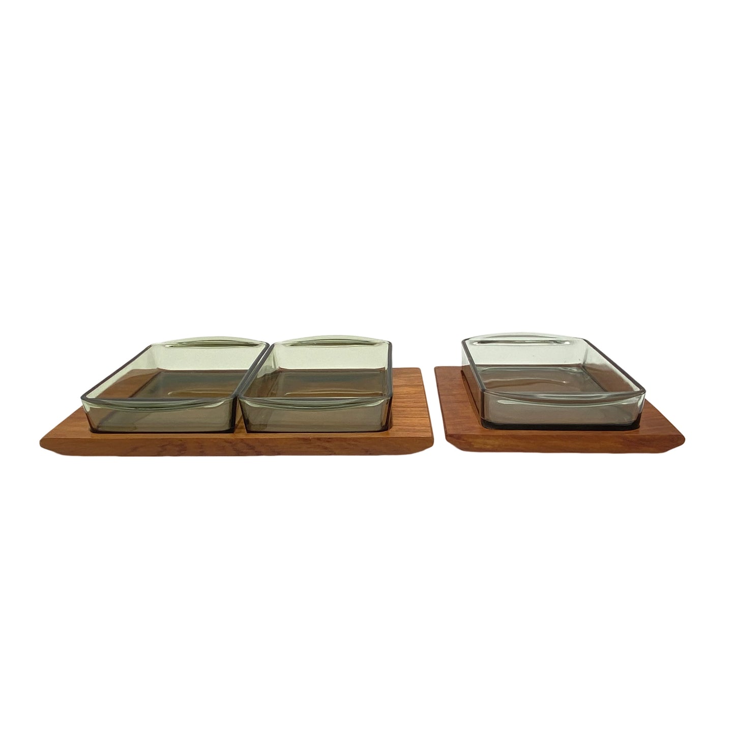 Rauchglas Schalen Set mit Teak Holz Tablett 1960er 1970er