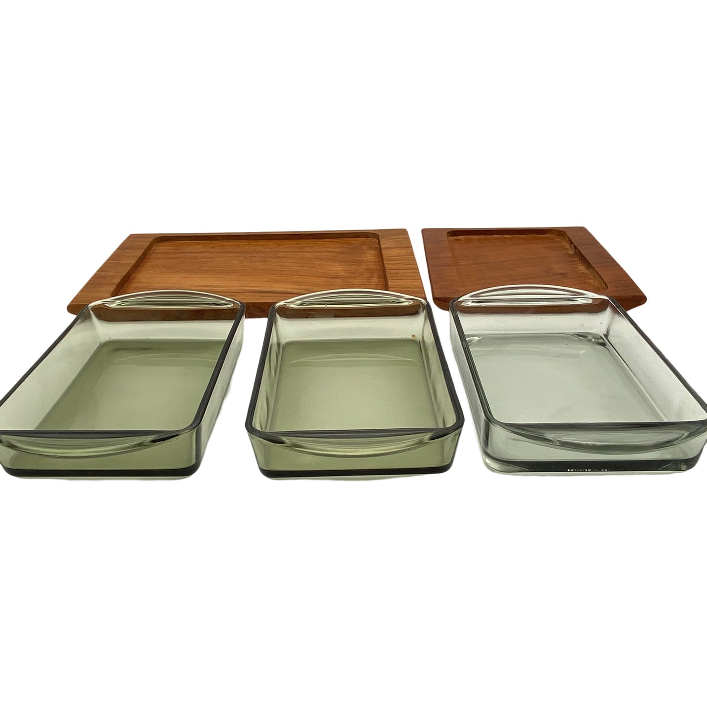Rauchglas Schalen Set mit Teak Holz Tablett 1960er 1970er