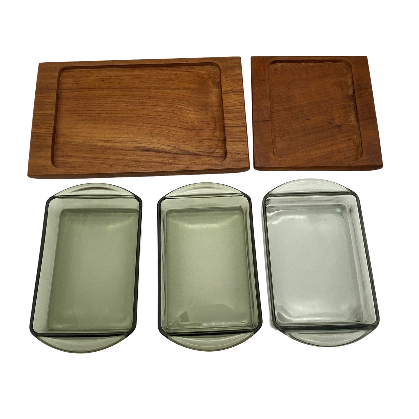 Rauchglas Schalen Set mit Teak Holz Tablett 1960er 1970er
