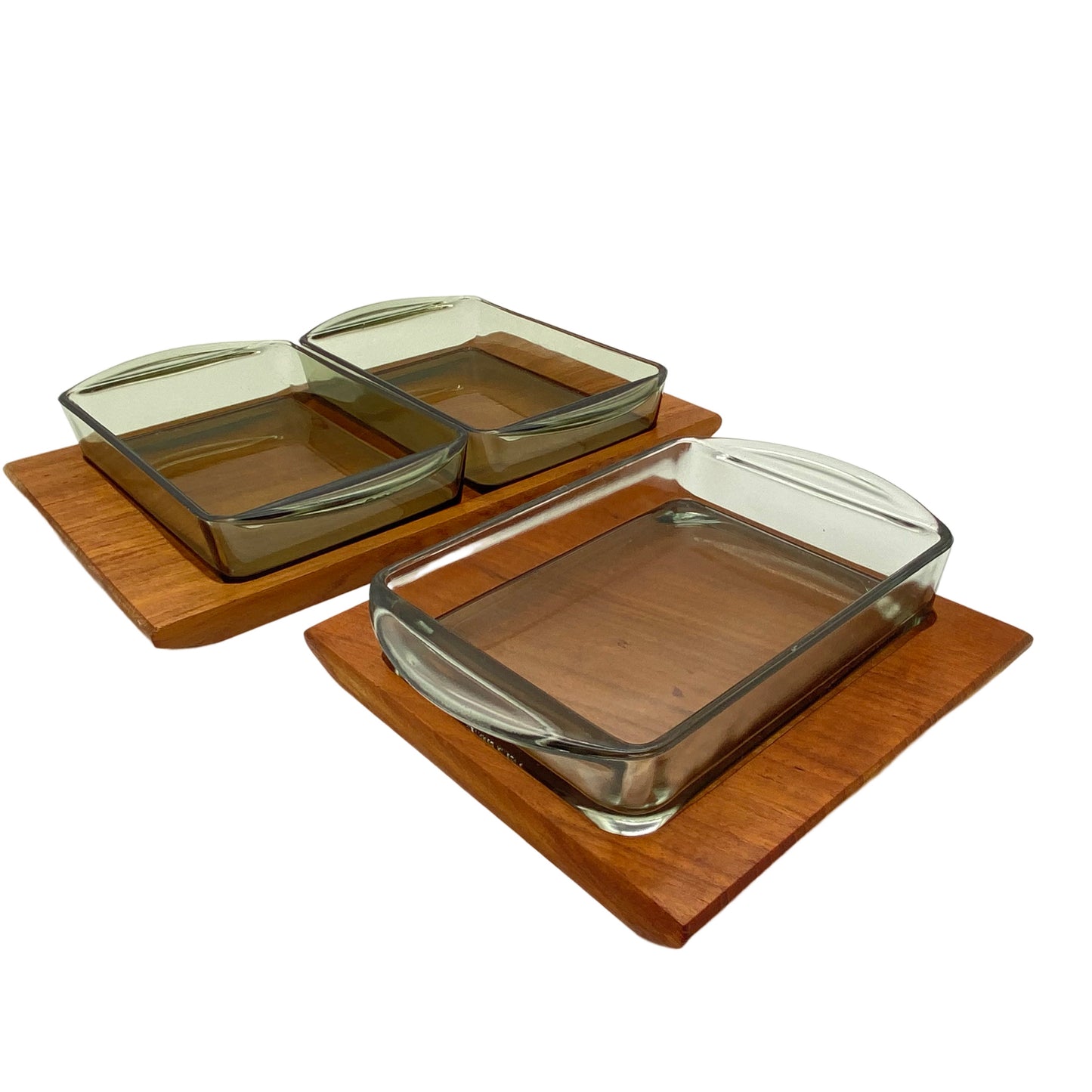 Rauchglas Schalen Set mit Teak Holz Tablett 1960er 1970er