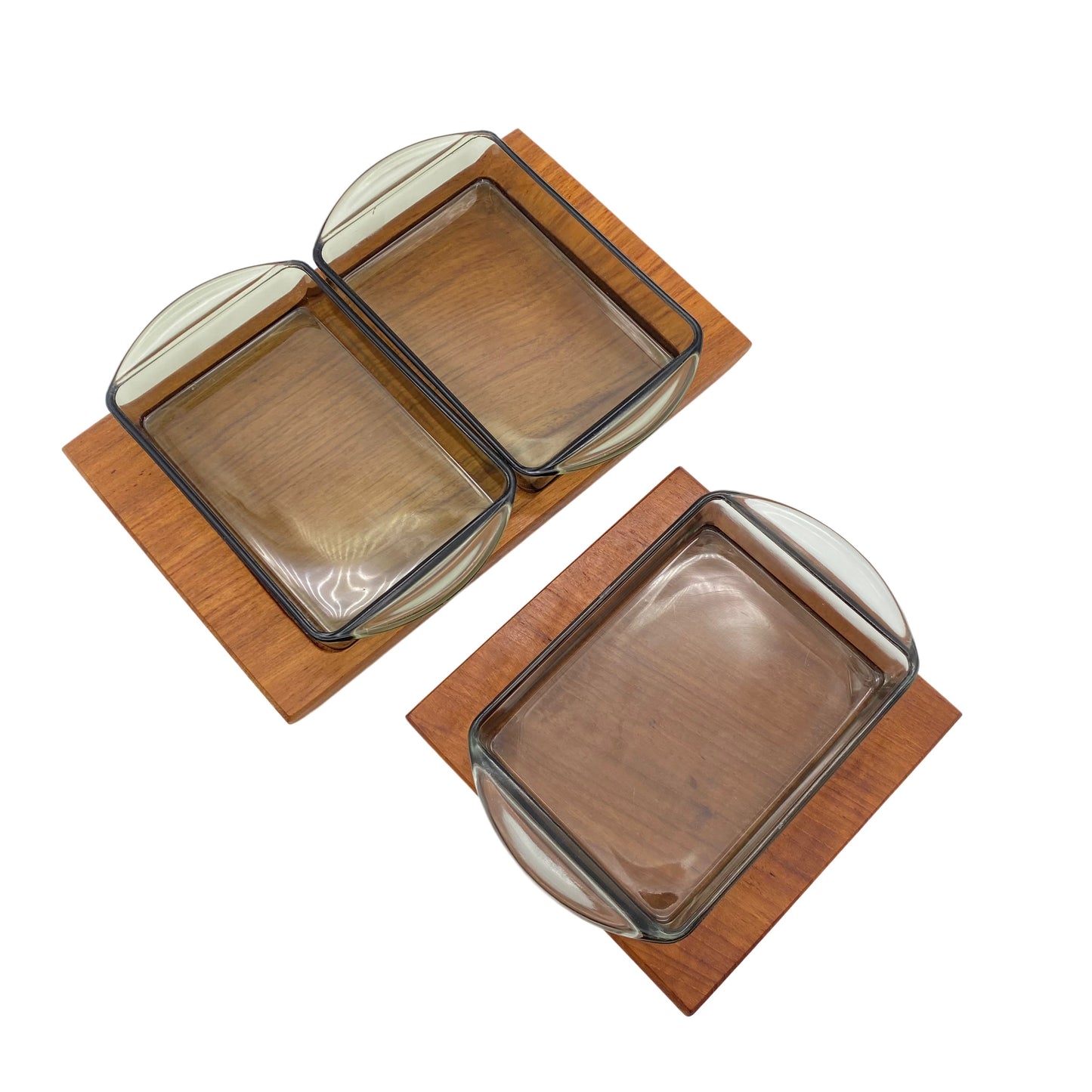 Rauchglas Schalen Set mit Teak Holz Tablett 1960er 1970er