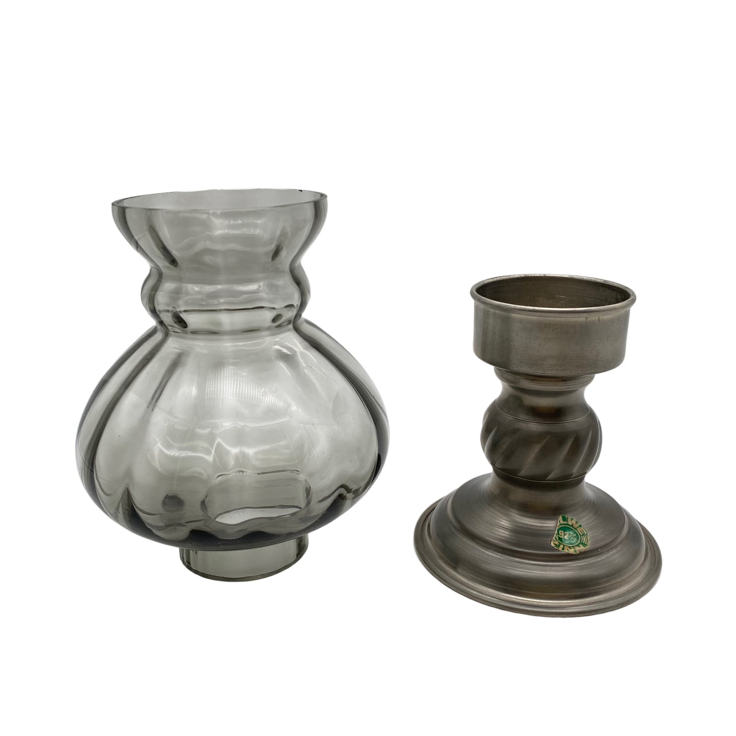 Windlicht Zinn Rauchglas 1960er 1970er 22 cm Glas