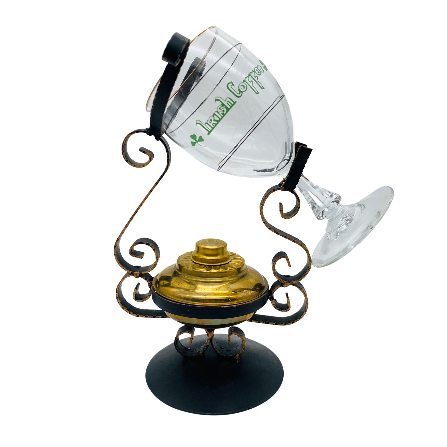Irish Coffee Set mit Glas und Brenner Messing Eisen 70er