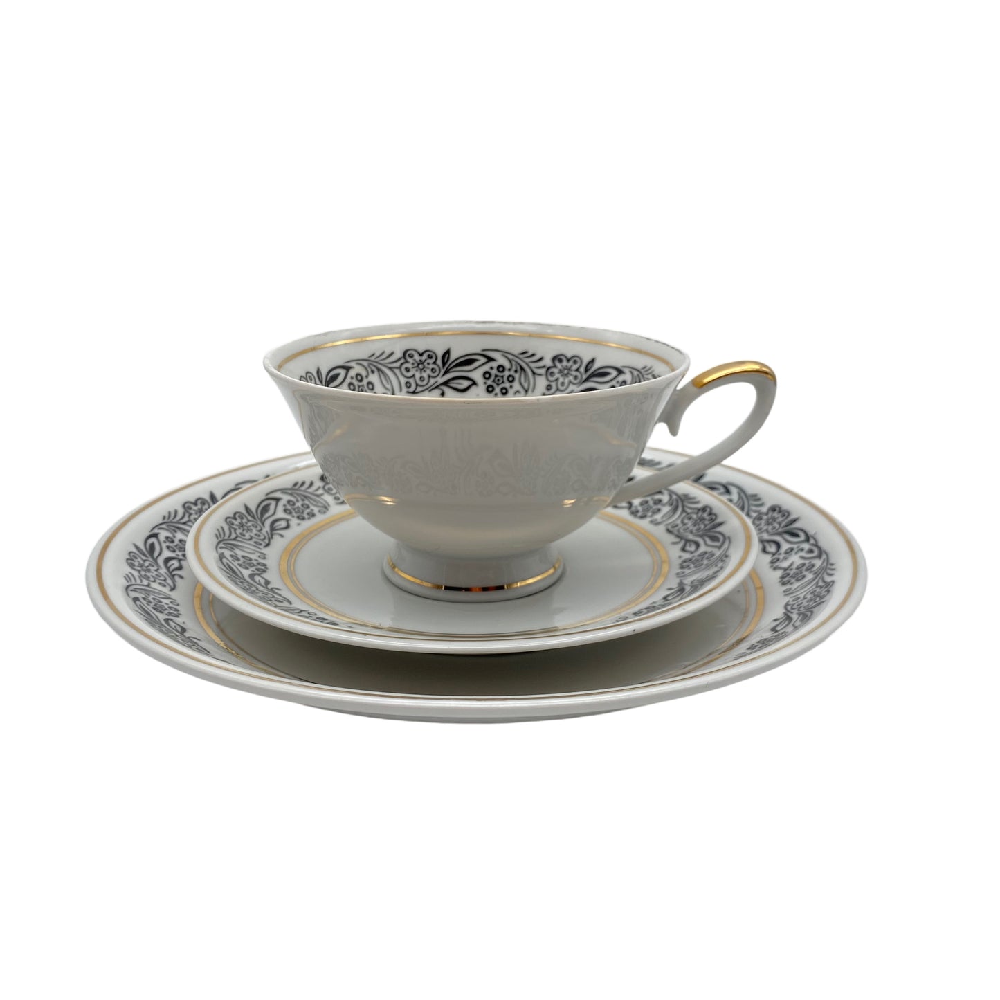 VEB Lettin Porzellan Sammelgedeck Teller Tasse Untertasse gold schwarz