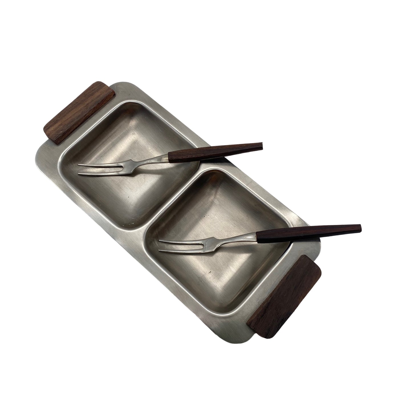 Schale Doppelfach Edelstahl Mid Century Holz 60er Jahre mit Gabeln