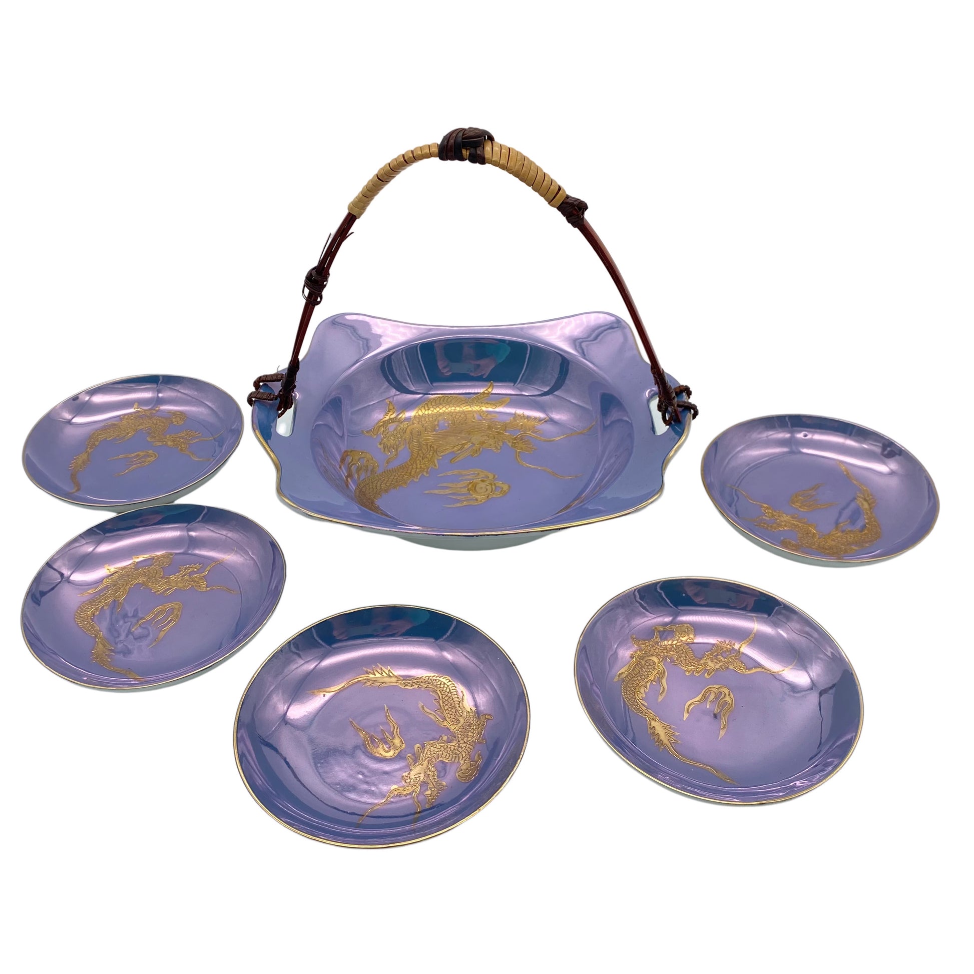 Schalen Set aus Japan goldener Drachen blau Mid Century