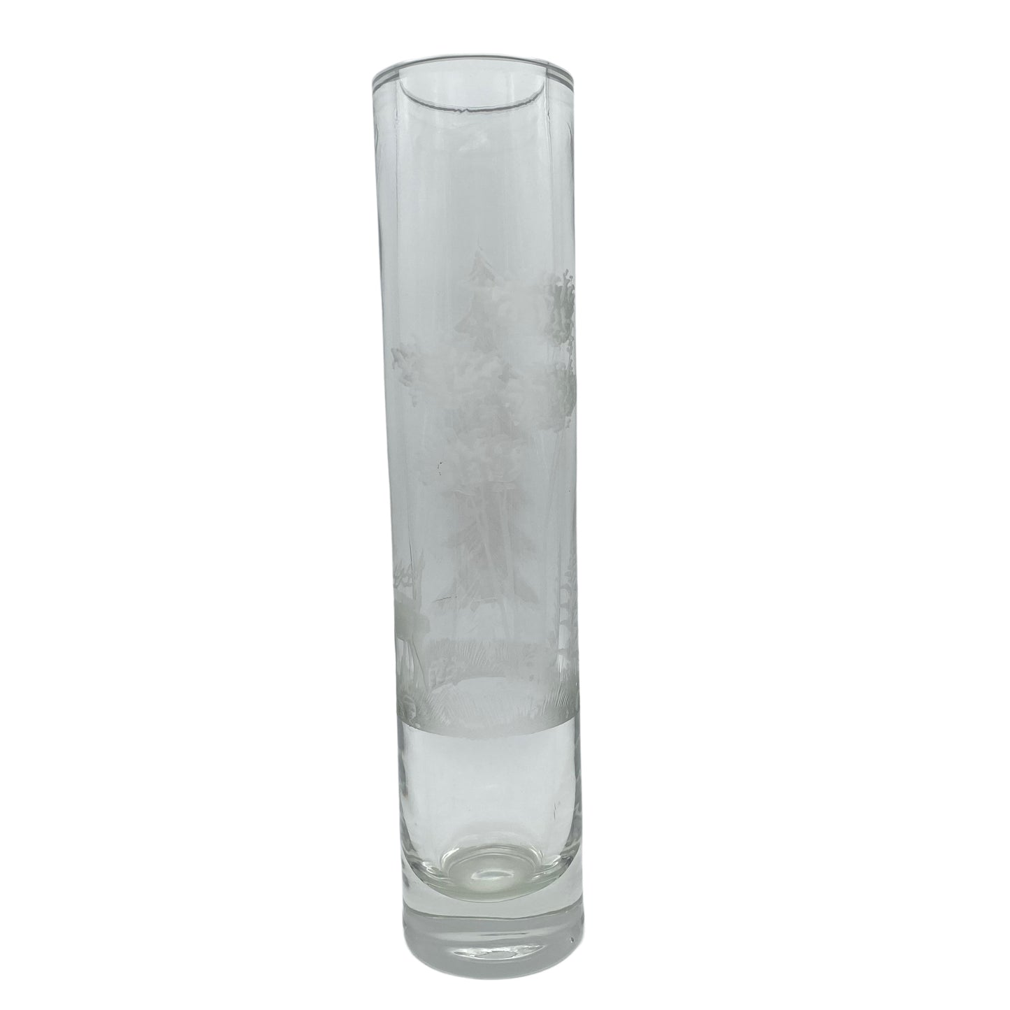 Vase Mid Century Wald Bäume Hirsch Dekor Schliff transparent 60er 70er Glas