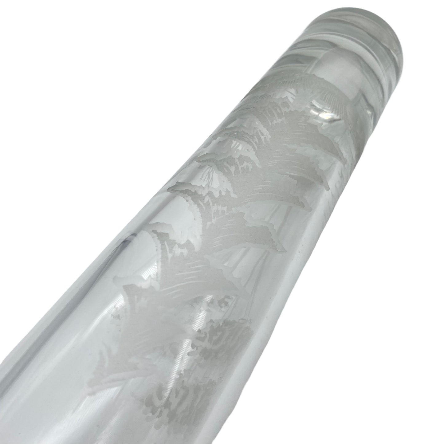 Vase Mid Century Wald Bäume Hirsch Dekor Schliff transparent 60er 70er Glas