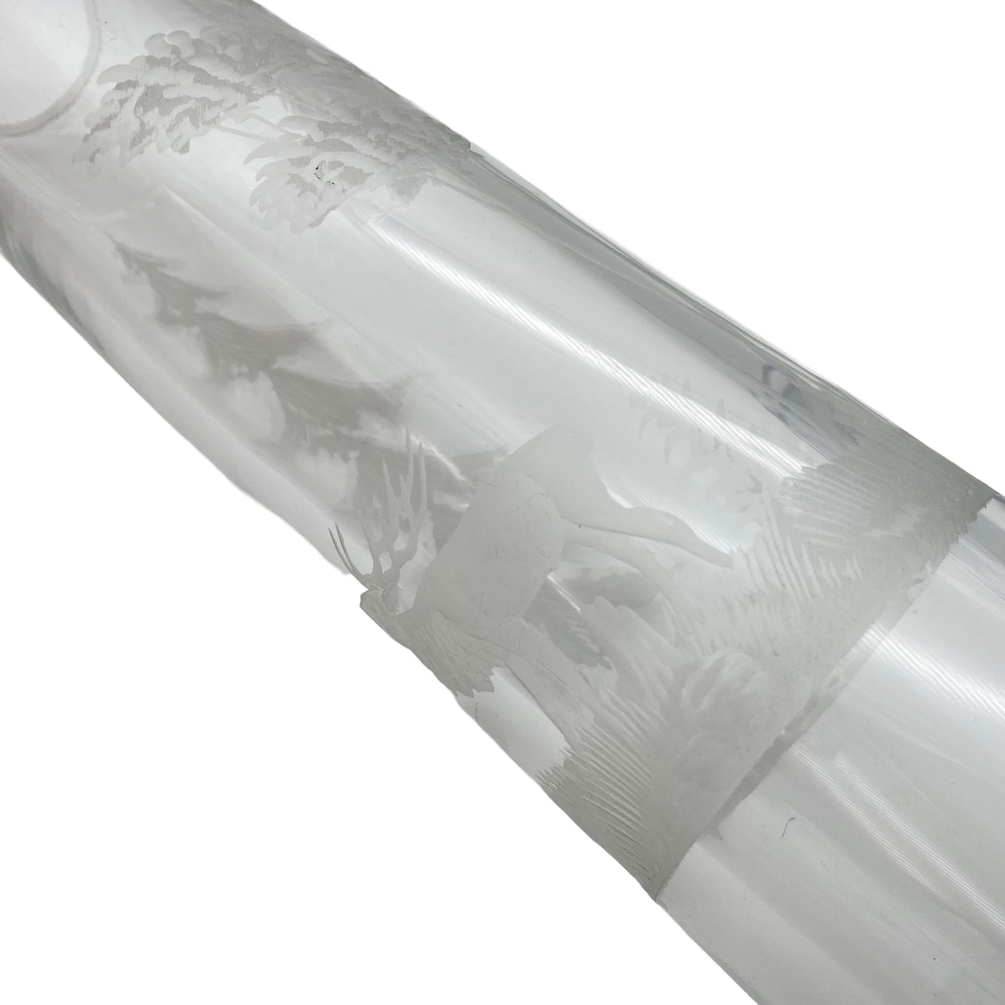 Vase Mid Century Wald Bäume Hirsch Dekor Schliff transparent 60er 70er Glas