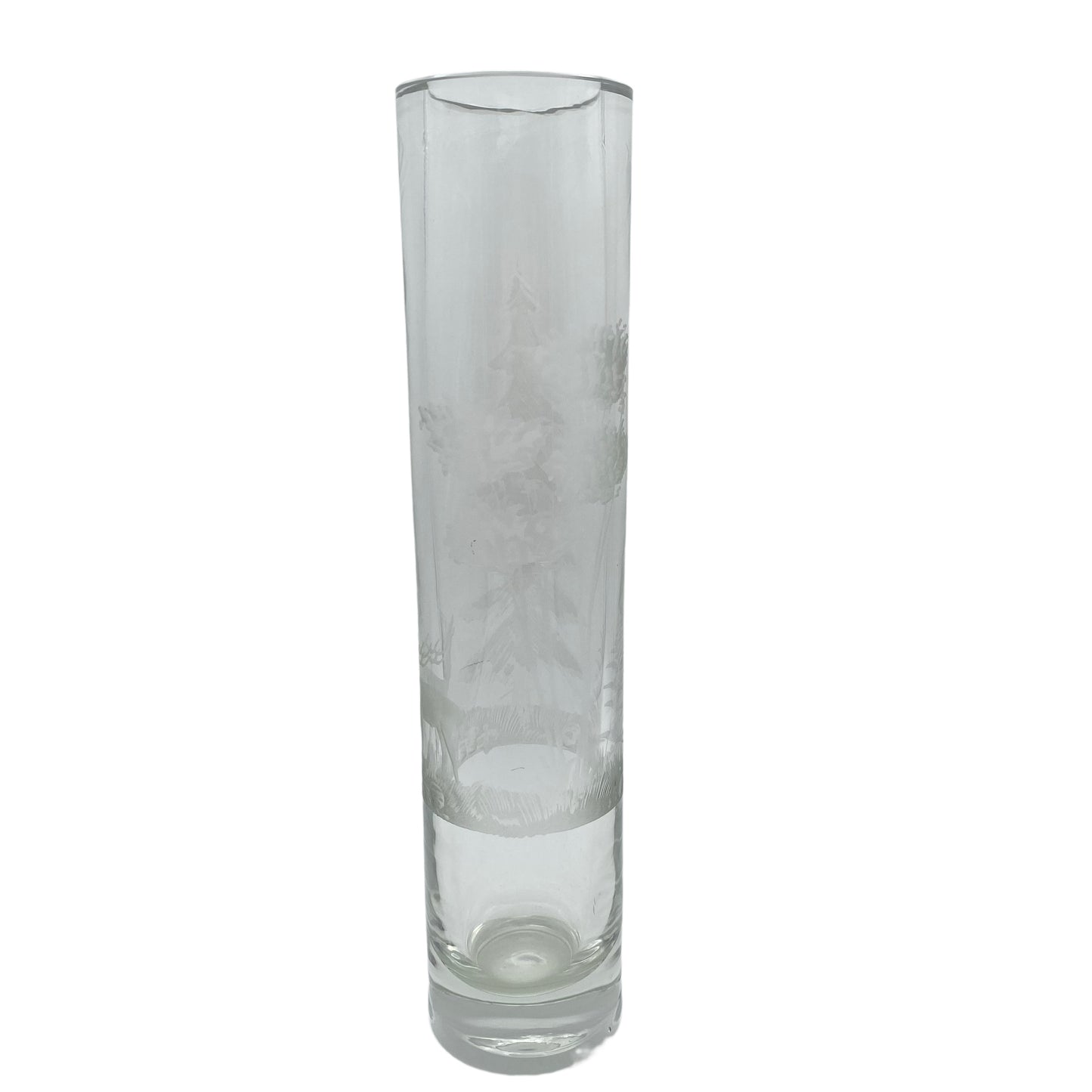 Vase Mid Century Wald Bäume Hirsch Dekor Schliff transparent 60er 70er Glas