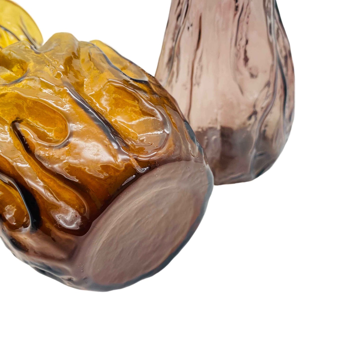 Vasen lila gelb 60er 70er Jahre Borken Rinde Struktur Glas deko