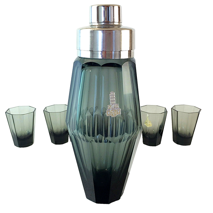 VINTAGE Shaker Art Déco Facetten HAIDA Böhmen Cocktailshaker Glas Gläser