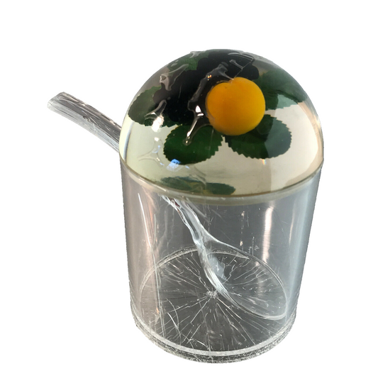 Honigtopf Kunststoff mit Löffel und Beeren Deckeldose H 11 cm 80er